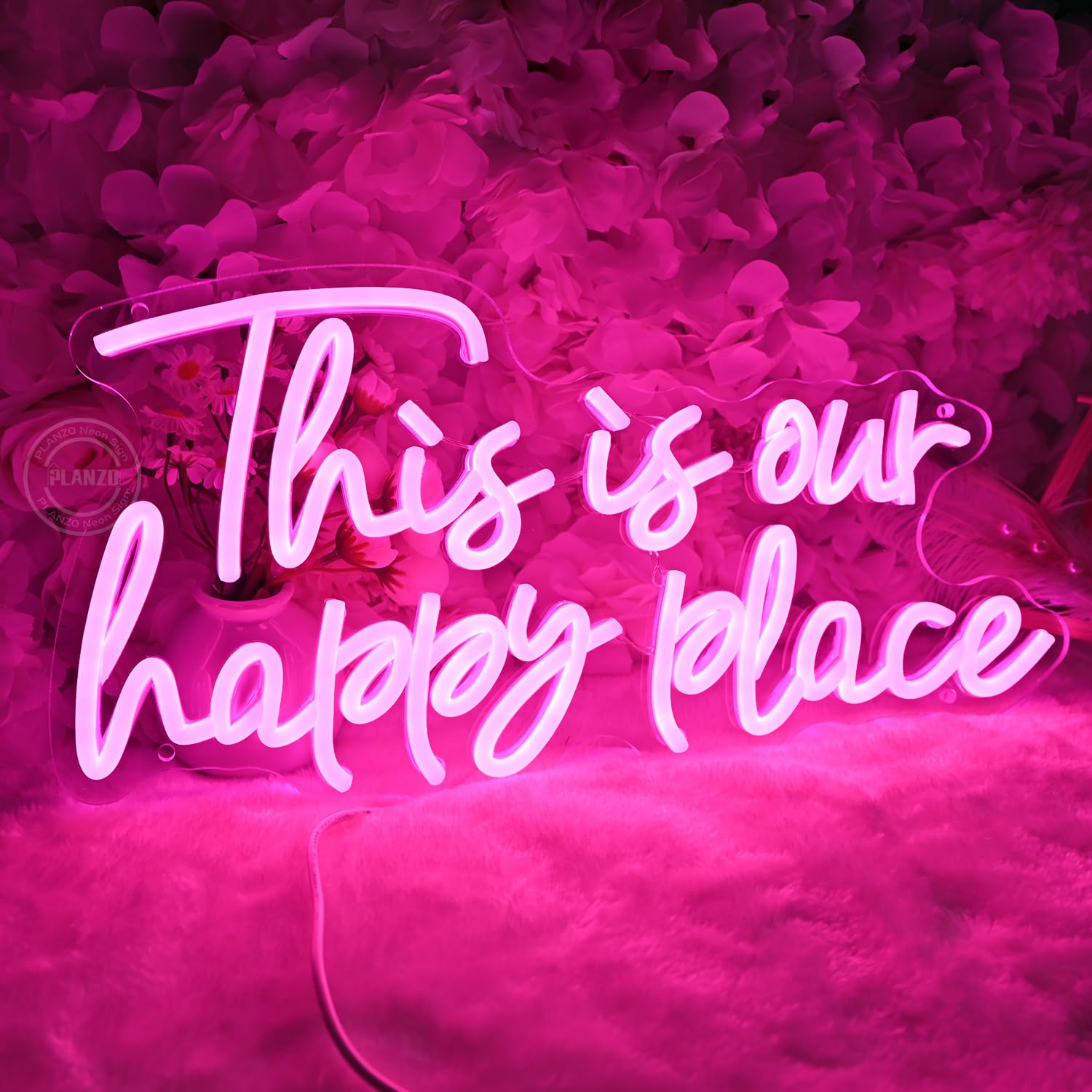 Planzo Neon Wall Sign, inThis is Our Happy Placein, Pink LED Acrylic, 16.54 x 8.07 inches, Home Bar Decor, Wedding Party Gift
