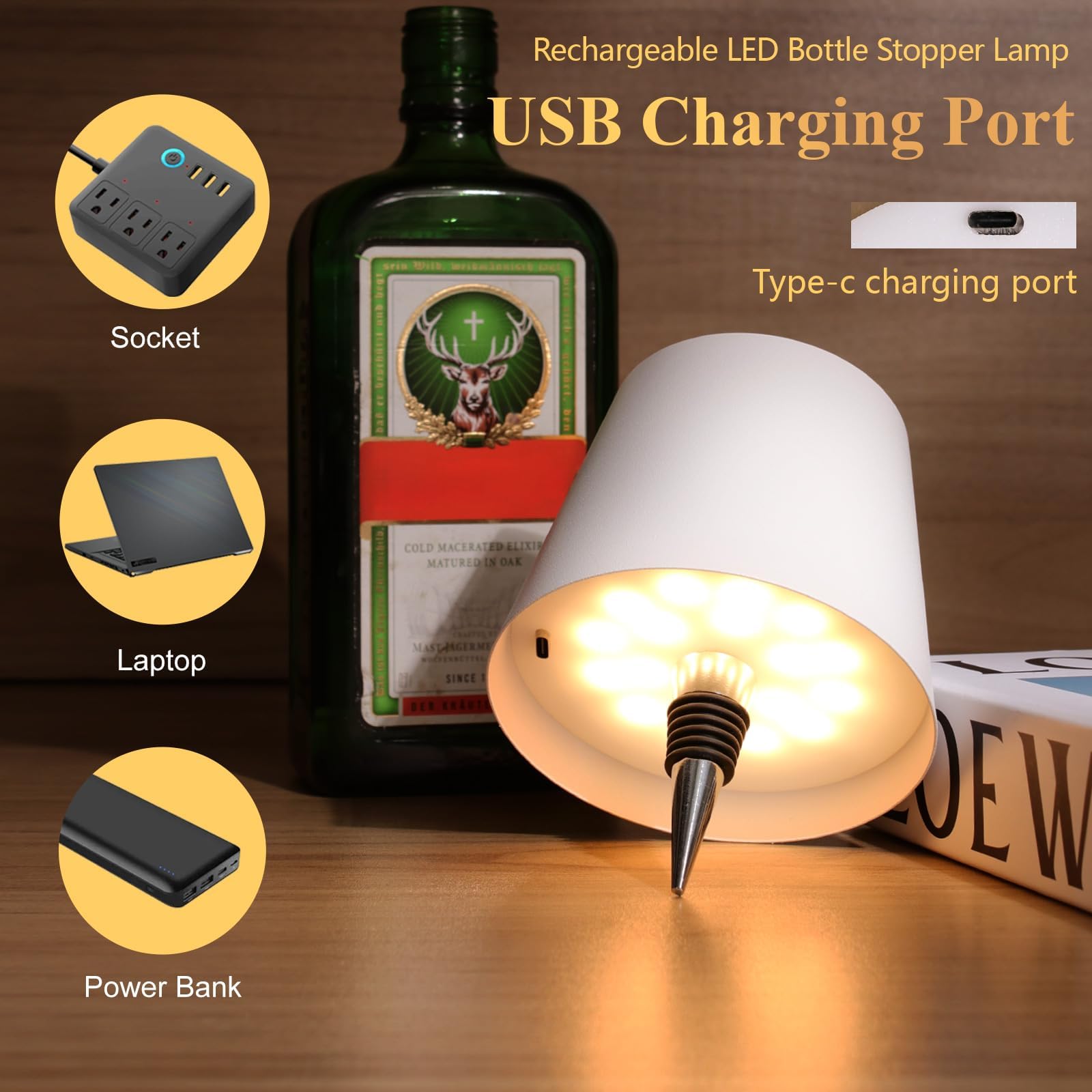 Mebaraul 2 Pack Wine Bottle Lamps, Rechargeable Wireless, Touch Dimming, White, Model JP001-RG01