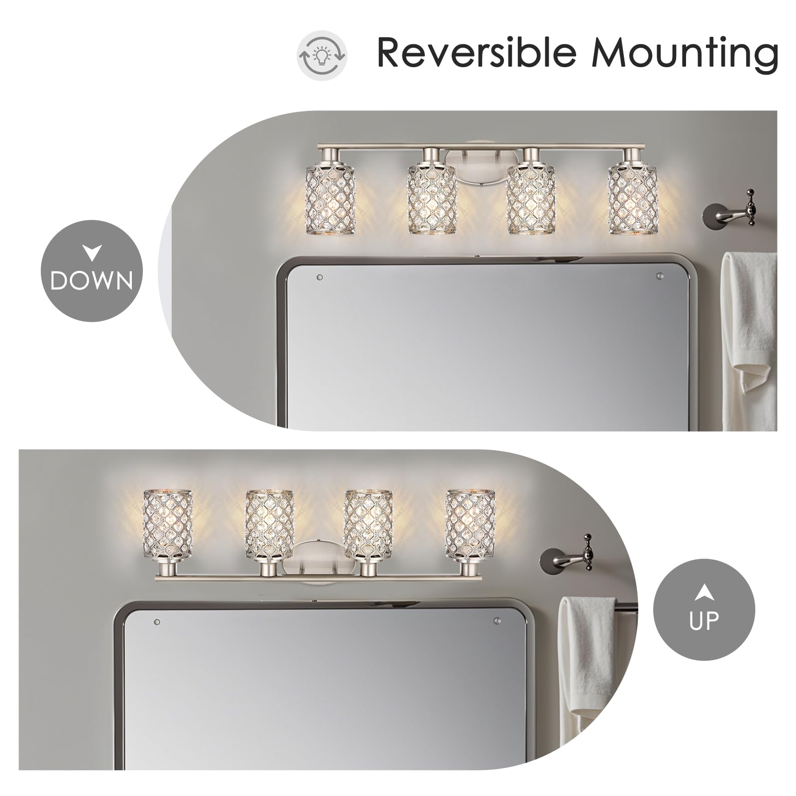 4 Light Bathroom Light Fixtures, Modern Farmhouse Vanity Light,Brushed Nickel Bathroom Lights Over Mirror,Crystal Vanity Lighting Fixtures For Bathroom,Powder Room
