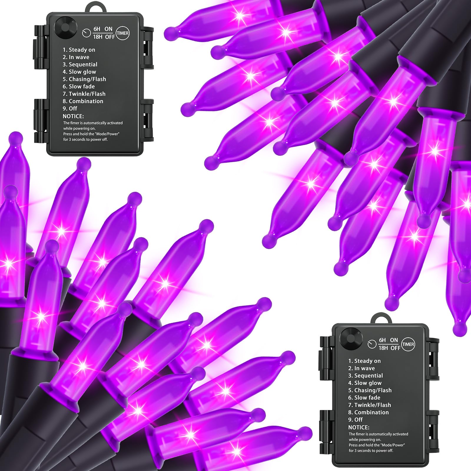 Aiyomt Halloween Purple Lights Decorations, 2 Pack 17FT 100 LED Mini Fairy Lights Battery Operated with 8 Modes Timer Waterproof