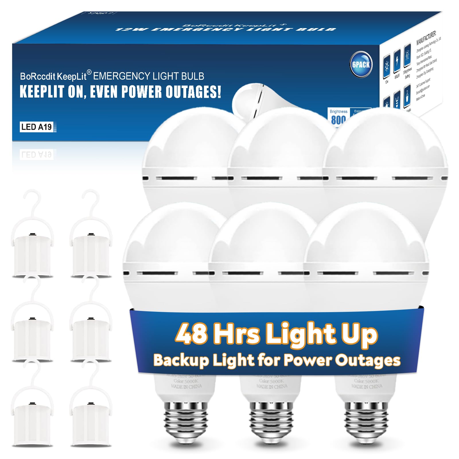 Borccdit Keeplit 6 Pack Emergency Rechargeable Light Bulbs, 48H Long Lasting & 3 Brightness Battery Light Bulb,12W 5000K Battery