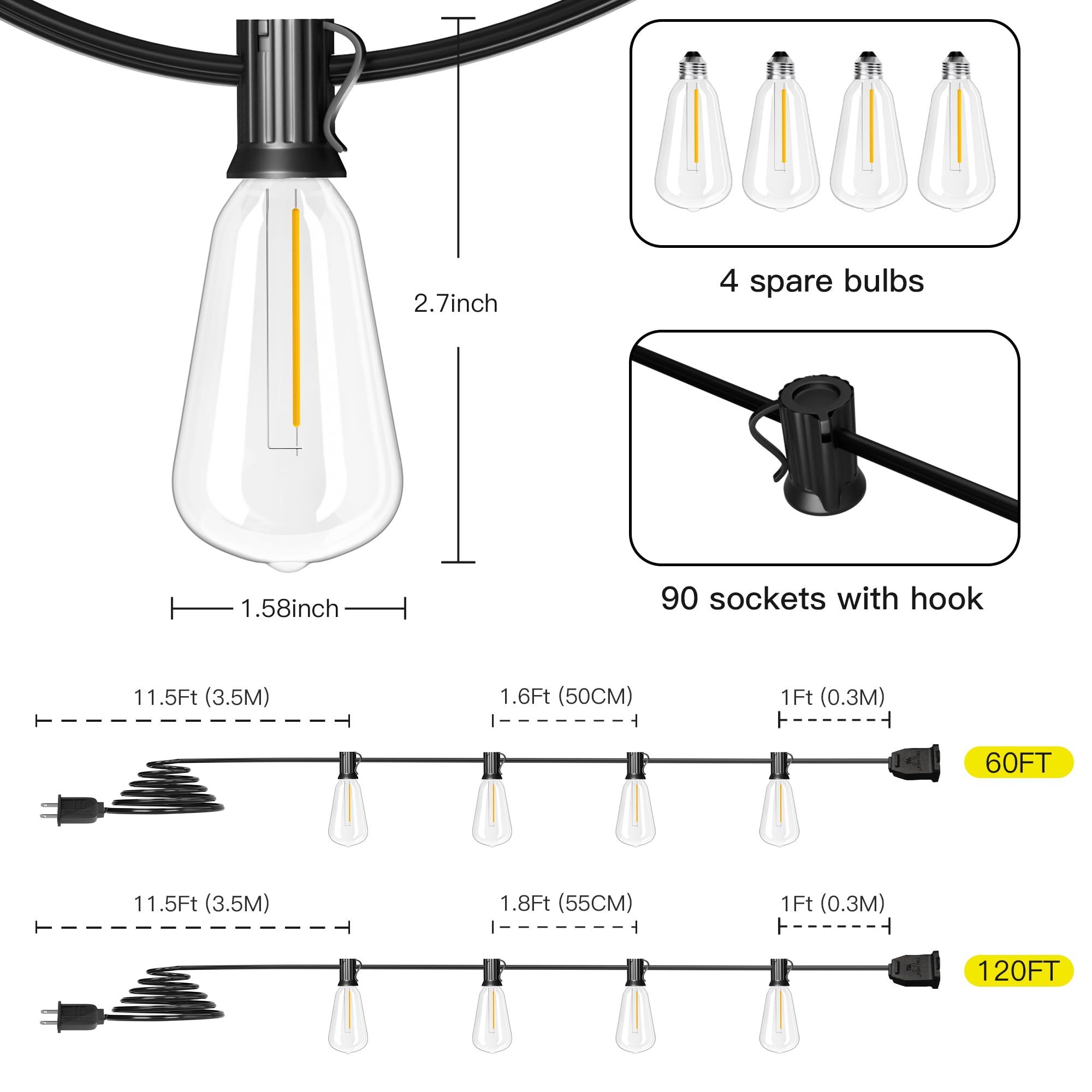 OHLUX Exterior Hanging Lights, 180FT Connectable with 94 Shatterproof ST38 LED Bulbs, Waterproof for Patio, Deck, and Pool