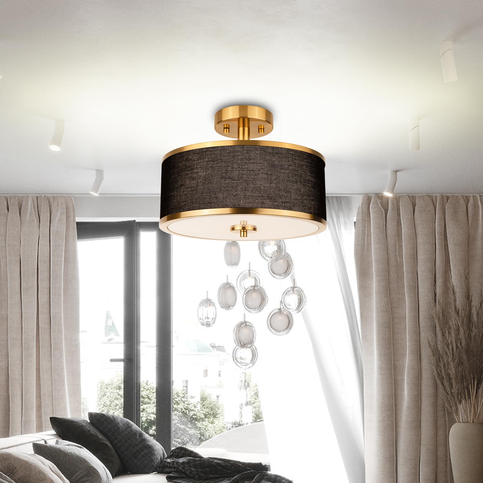 Edwarmlux 3-Light Semi Flush Mount Ceiling Light - 12.6" Brushed Gold & Black Fabric Shade - Modern Fixture for Living Room & Dining Room