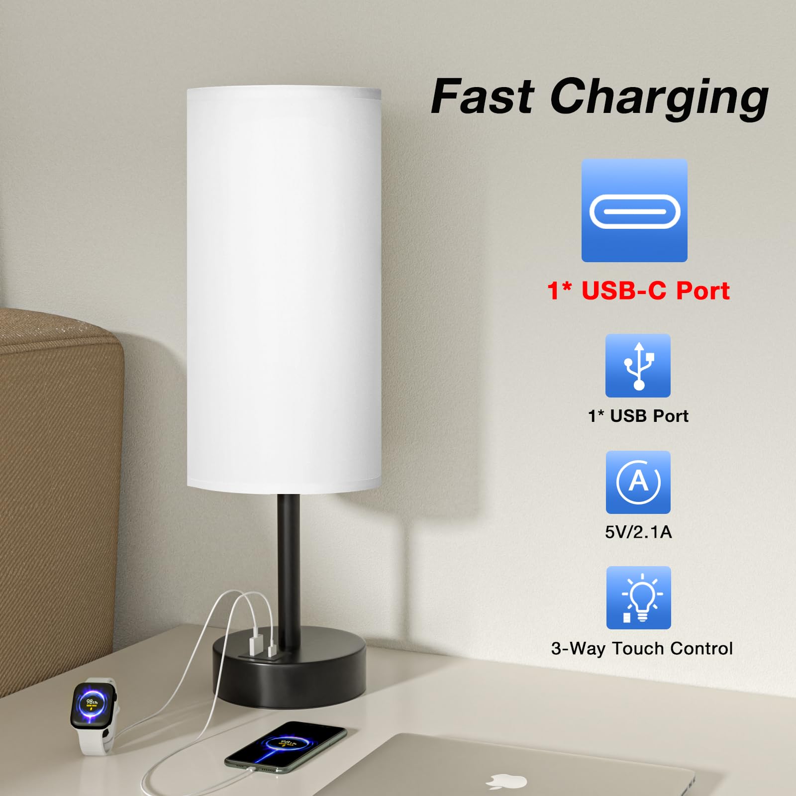 Bedside Touch Table Lamps For Bedroom Nightstand With Usb-C Usb-A Charging Ports White, 3 Way Dimmable Small Lamp Fabric Shade B