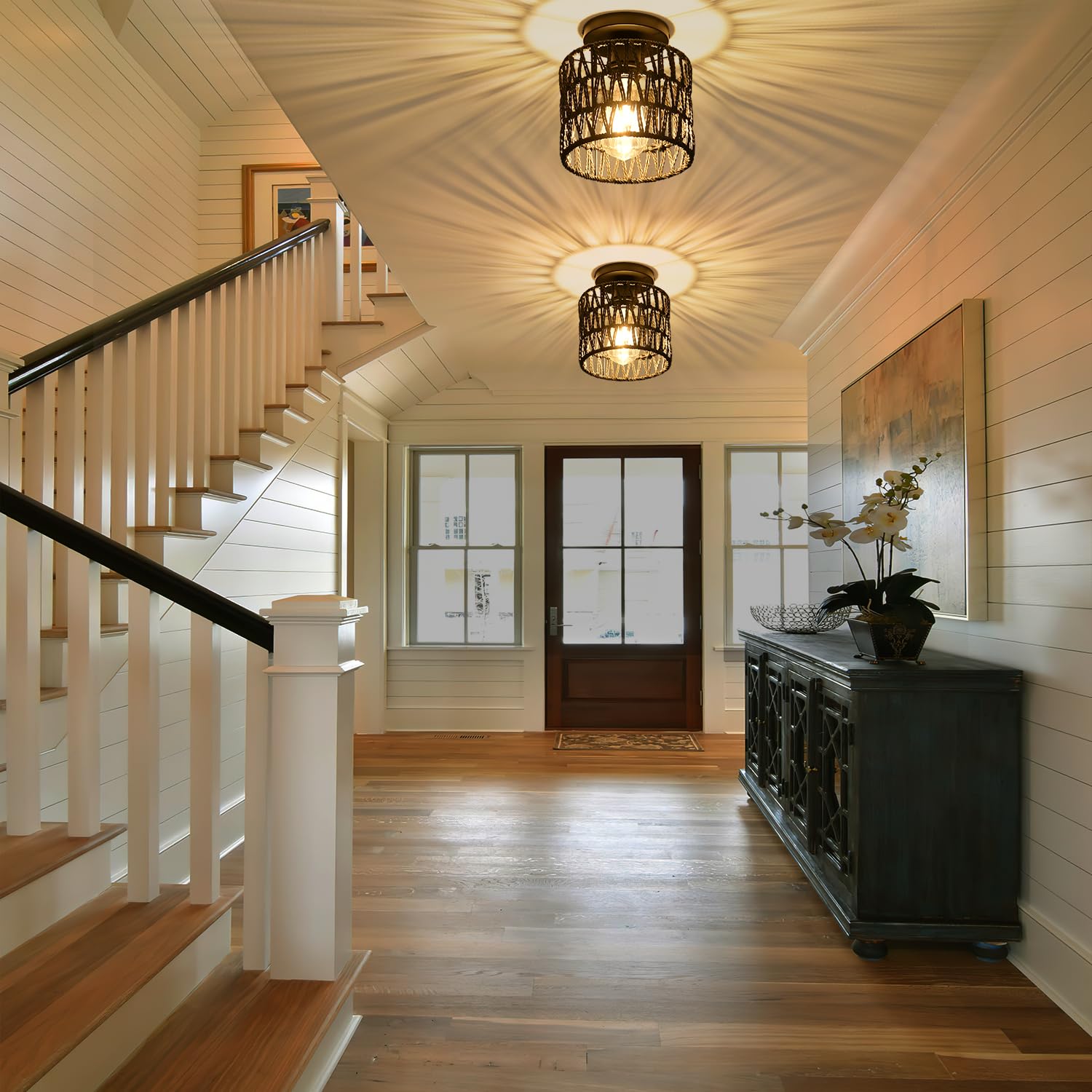 KENMI Ceiling Light Fixture, Hand-Woven Rattan Flush Mount, 2 Pack Black, Metal, Model C1, Farmhouse Boho Style for Living Room, Hallway, Kitchen