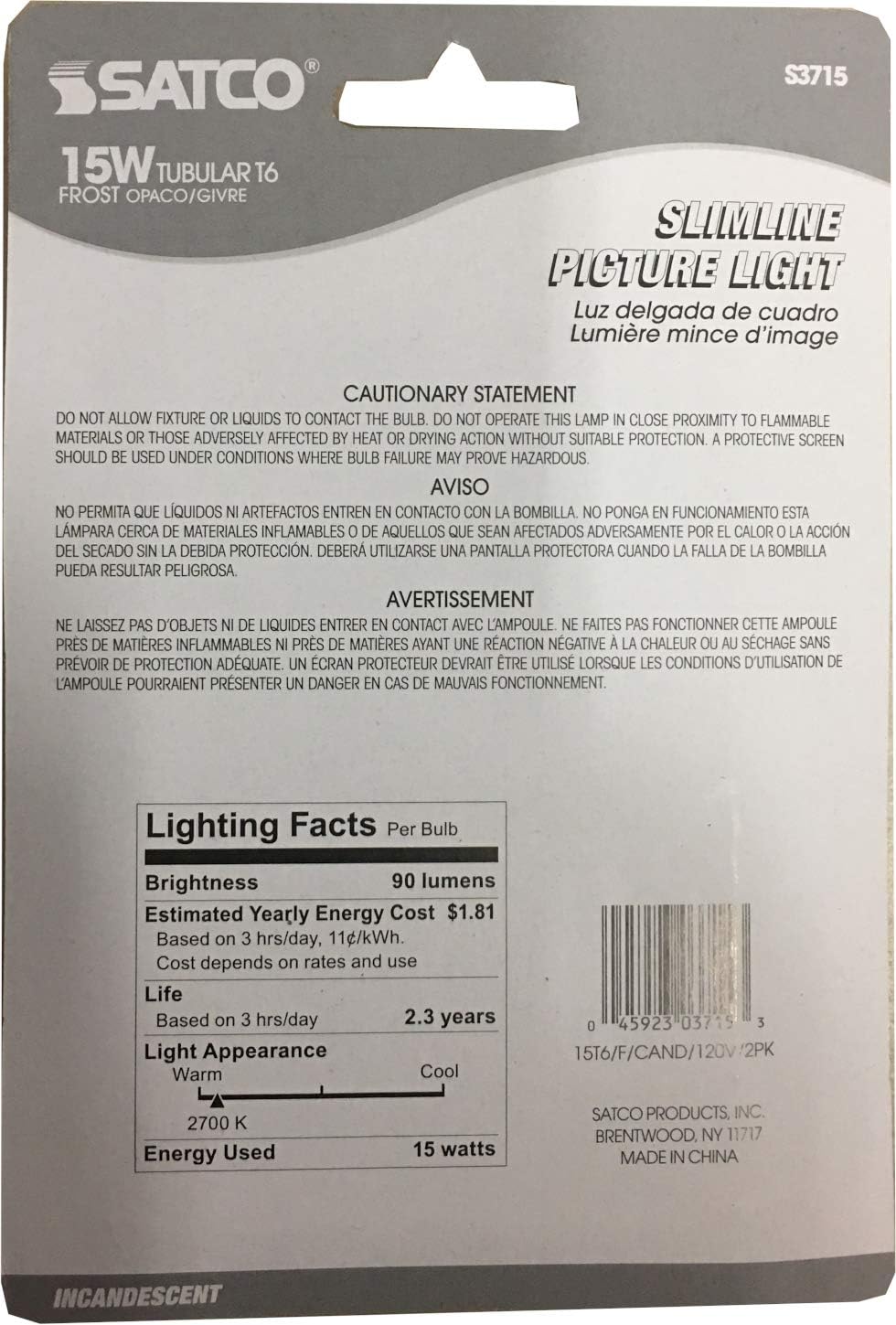 Satco S3715 Set of 3 Blister Packs with 6 Dimmable 15W T6 Candelabra Incandescent Bulbs, 2700K Warm White, E12 Base