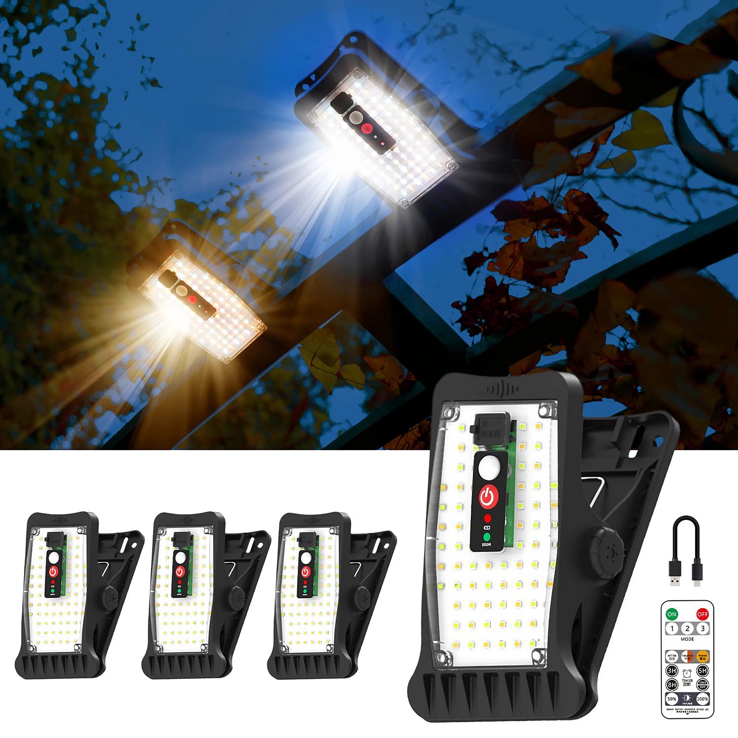 sunlight encounter Clip On Solar Motion Lights Outdoor Waterproof with 70 LEDs, 3 Color Temperature, USB & Remote Control, 4 Pac