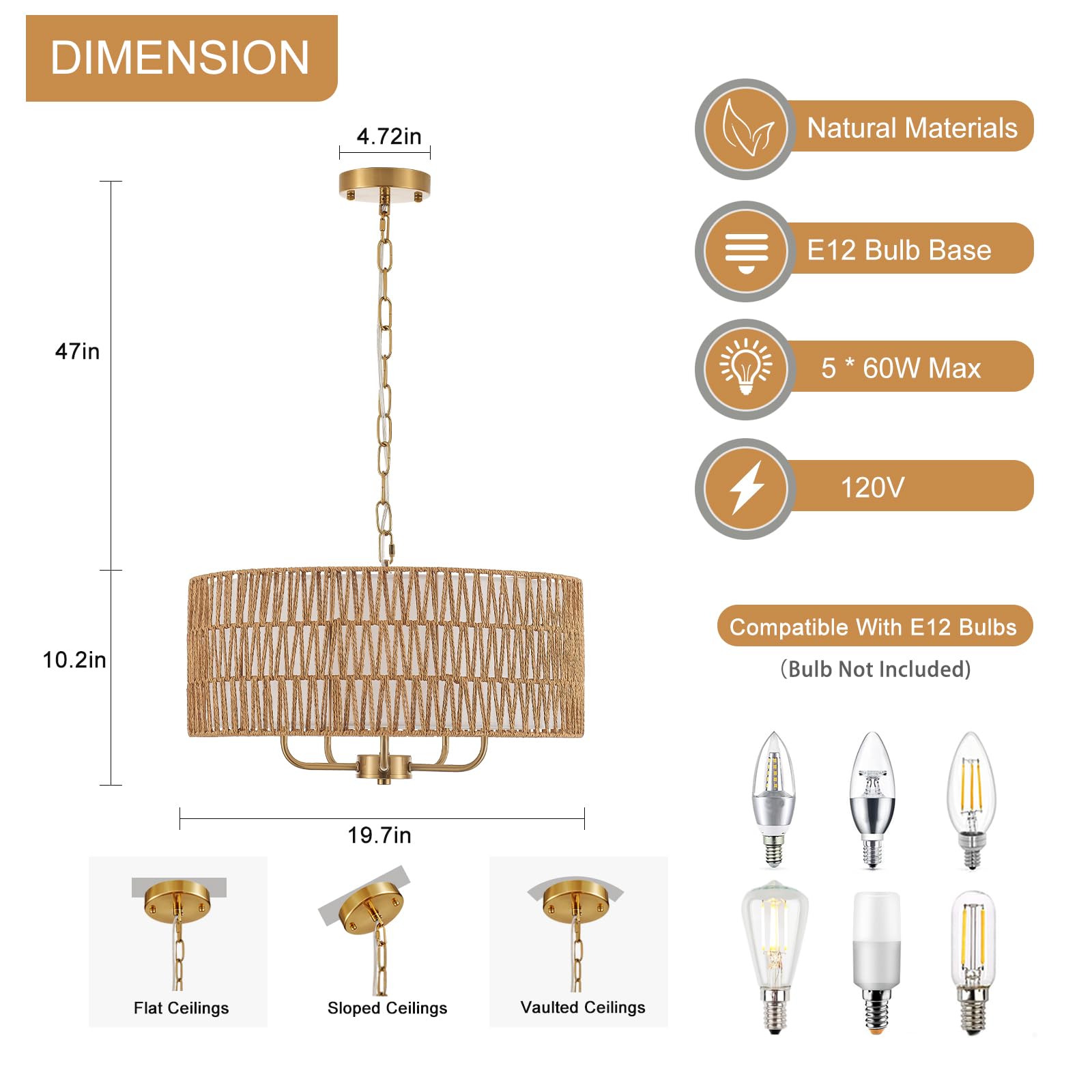 Yomecoo Boho Hand-Woven Rattan Chandelier With Linen Vintage Farmhouse Bamboo Gold Drum Chandelier Light Fixture Modern Wicker R
