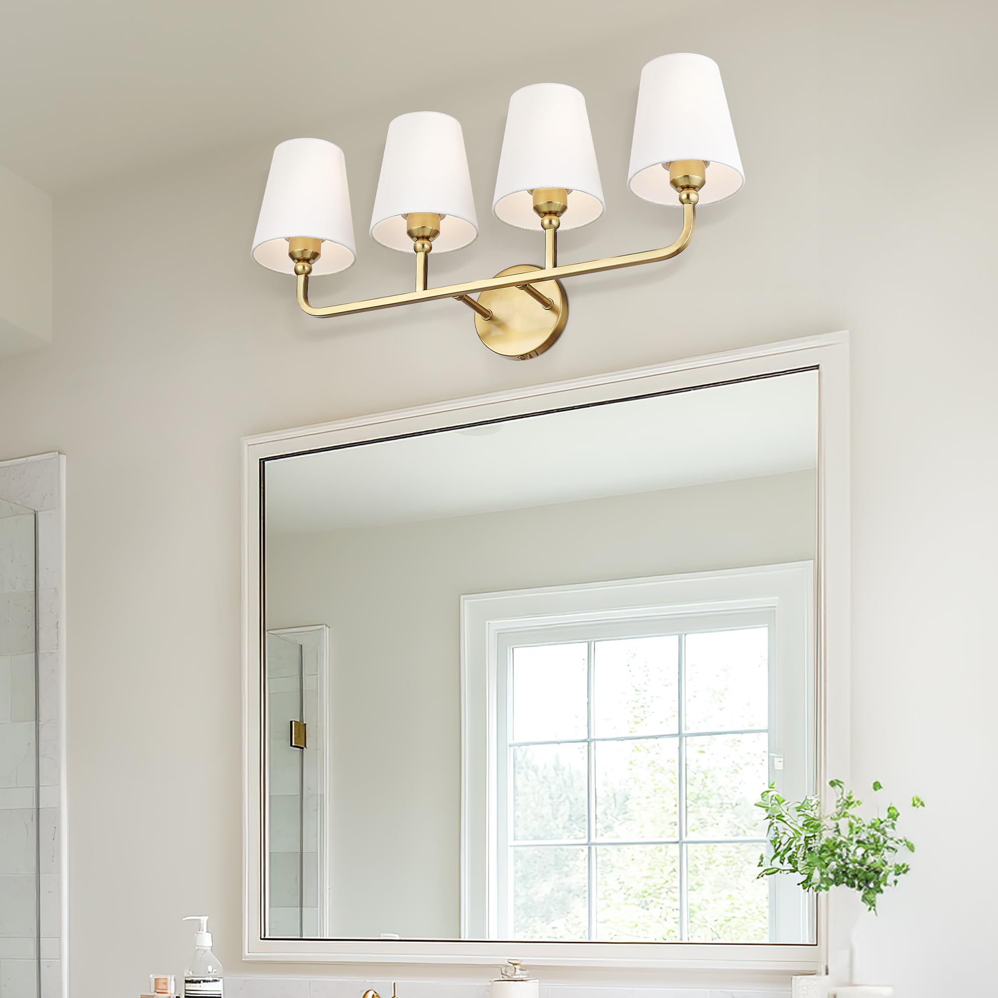 METWET 4-Light Bathroom Vanity Light, Brushed Gold Metal Sconces with White Fabric Shade, Model VL837-BG-4, Modern Design for Hallway/Bedroom