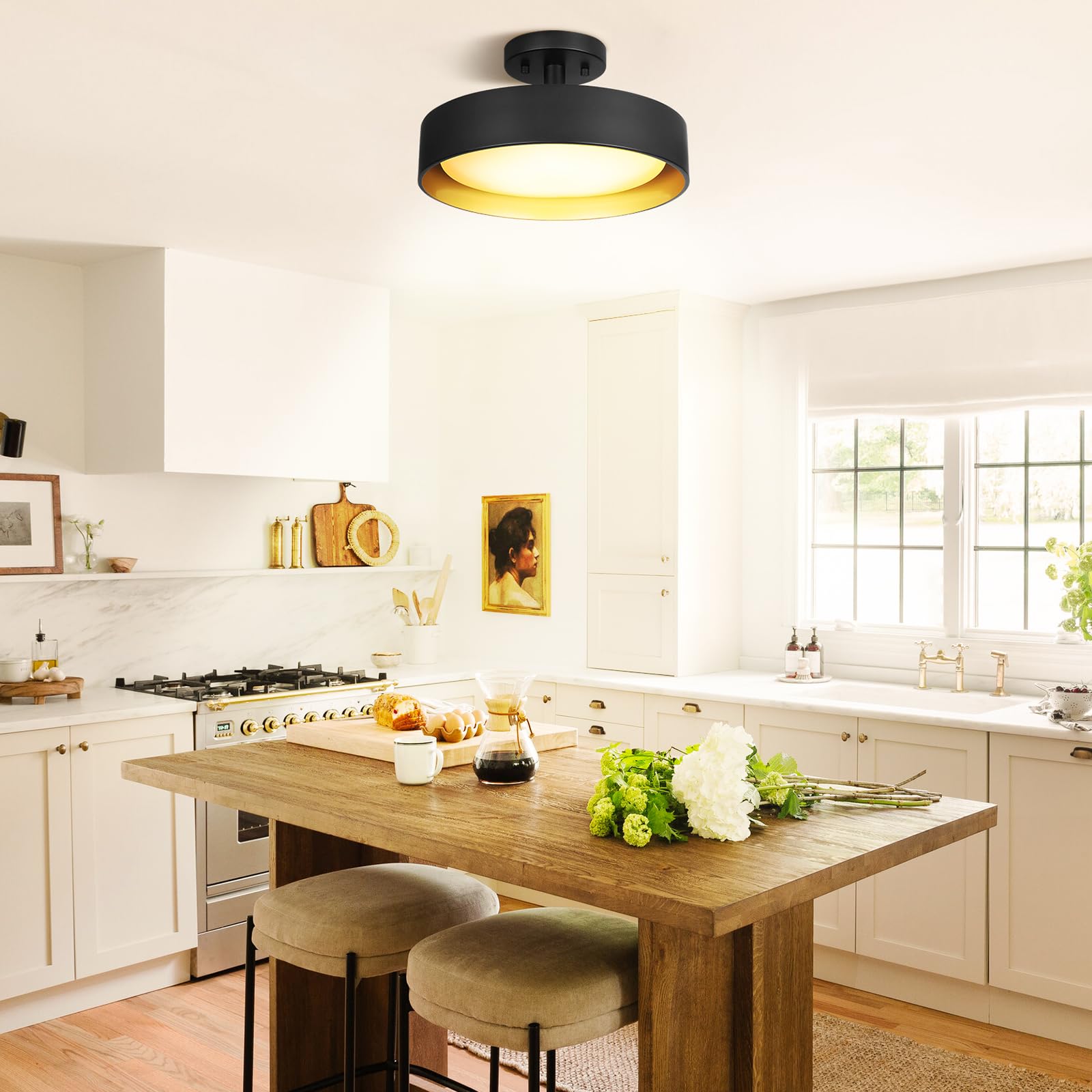 Sunrider Semi Flush Mount Led Ceiling Light Fixture, 12-Inch 25W 2000Lm Black Pendant Lamp For Entrance Attic, Gold Inside, 3000