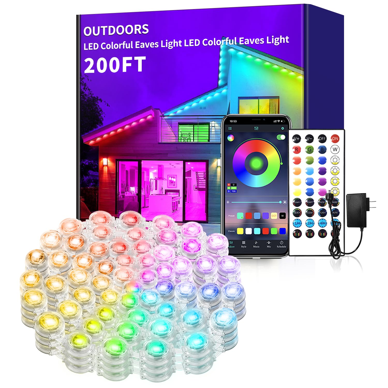 Yocrostar 200ft Permanent Outdoor Lights,RGB Eaves Lights with App Control Remote,DIY IP67 Waterproof Under Eave Lighting,Outsid
