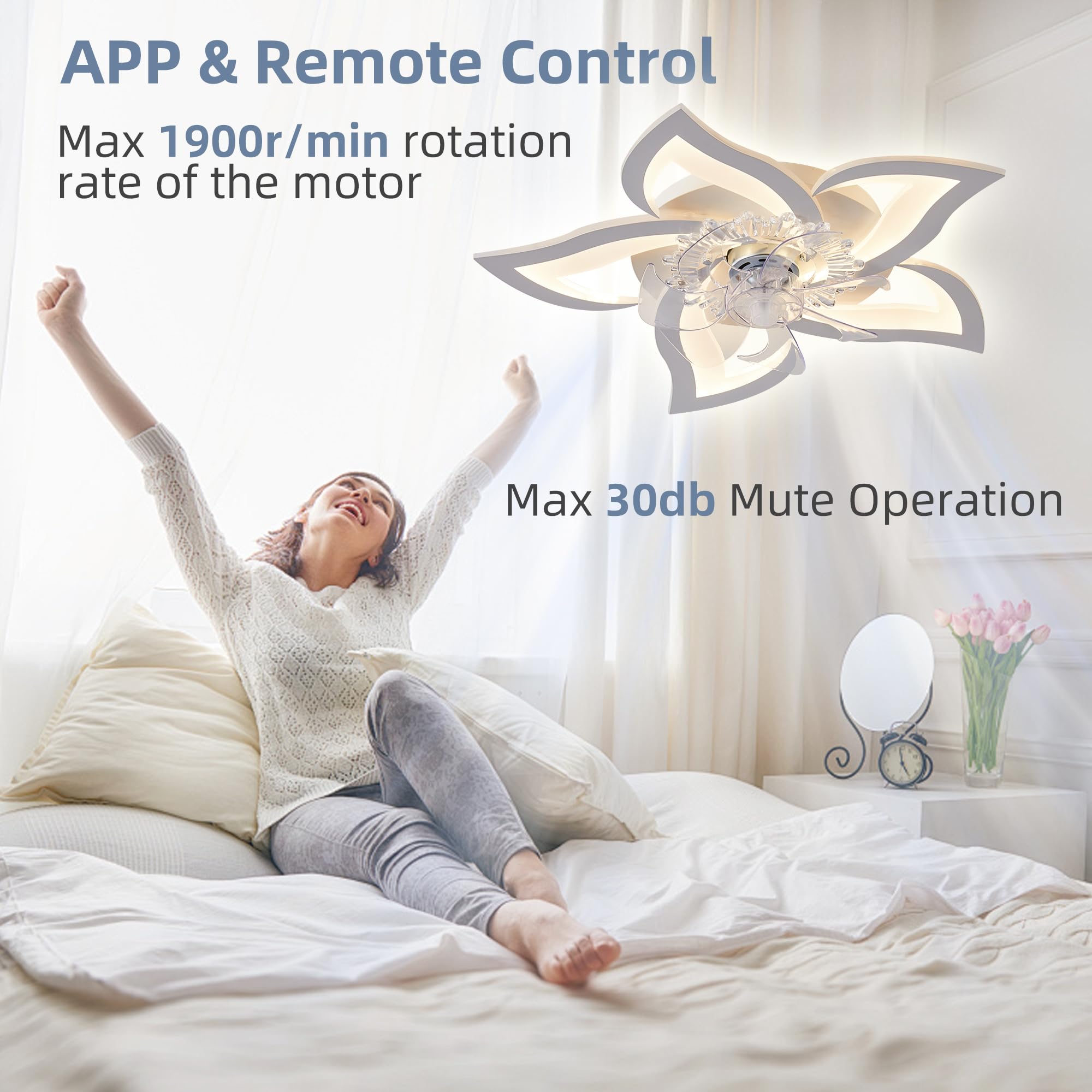 REYDELUZ Low Profile Ceiling Fan with Lights,Modern Dimmable Flower Shape Ceiling Light Fan with Remote Control/App Control,for