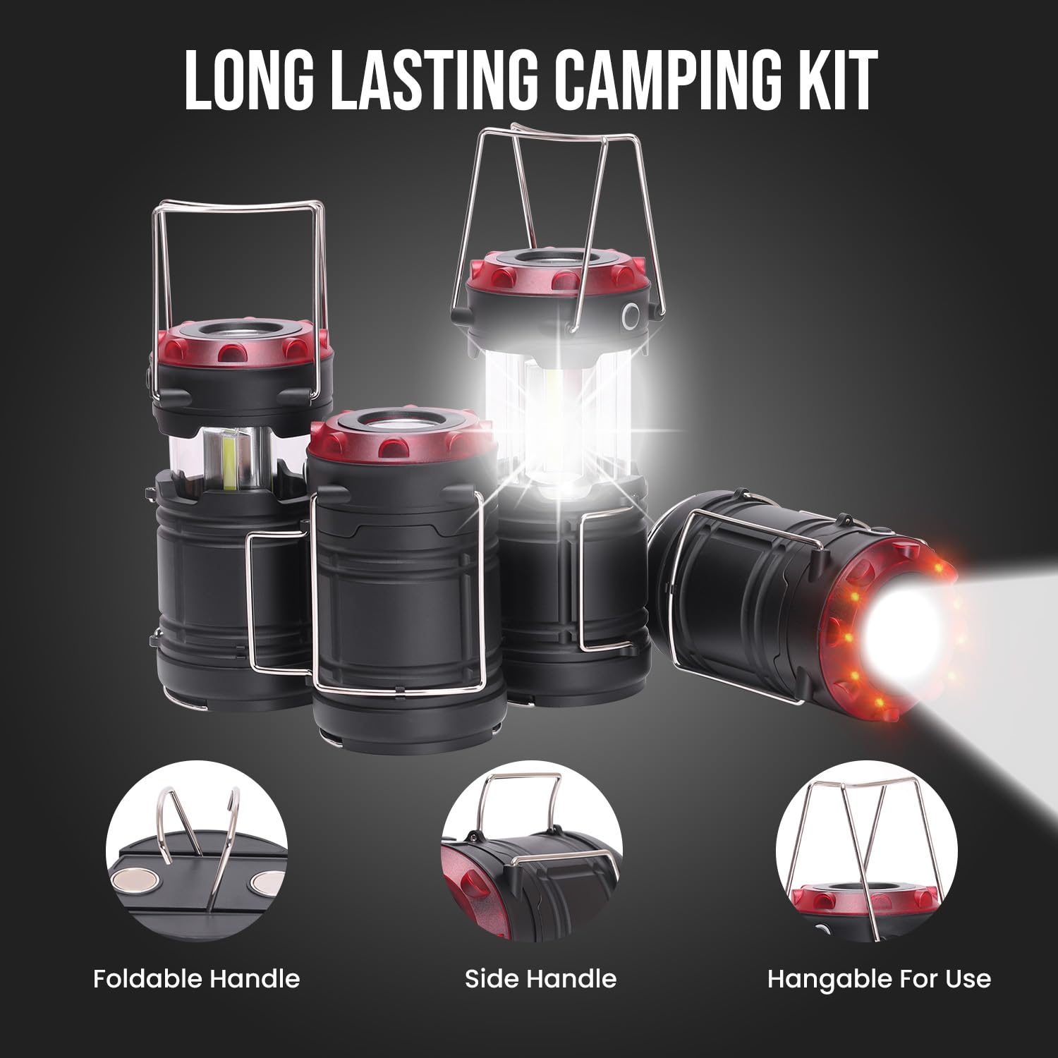 Lichamp 4 Pack Lantern Camping Essentials Lights, Battery Powered Collapsible Lanterns Flashlights with Red Strobe/SOS, Magnetic