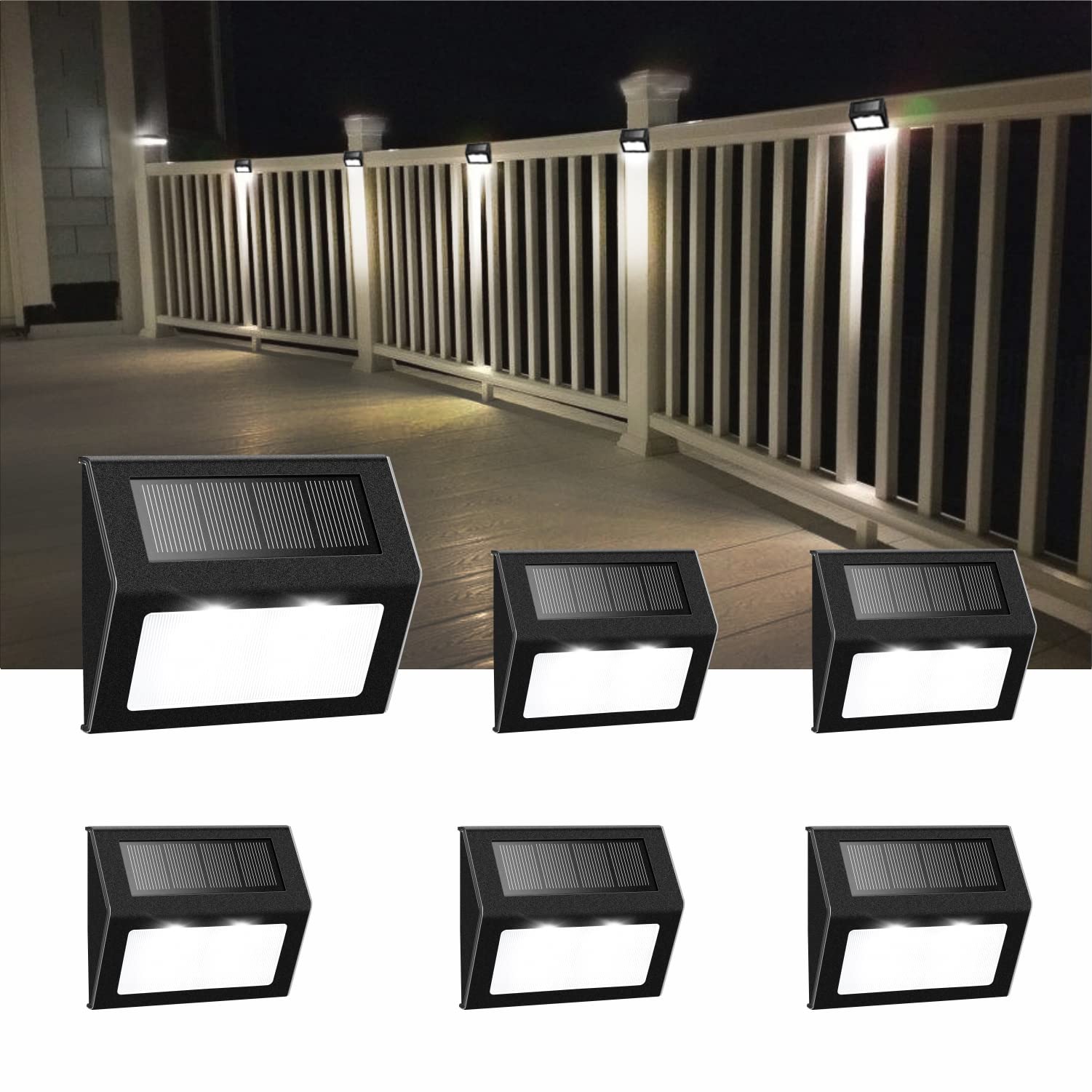 Tftek Solar Fence Lights, Waterproof Outdoor Deck Lamp, Stainless Steel, Black, 6 Pack