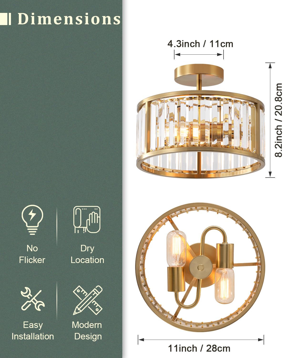 Lhlyclx Brass Gold 2-Light Caged Crystal Flush Mount Ceiling Light - Small Drum Fixture