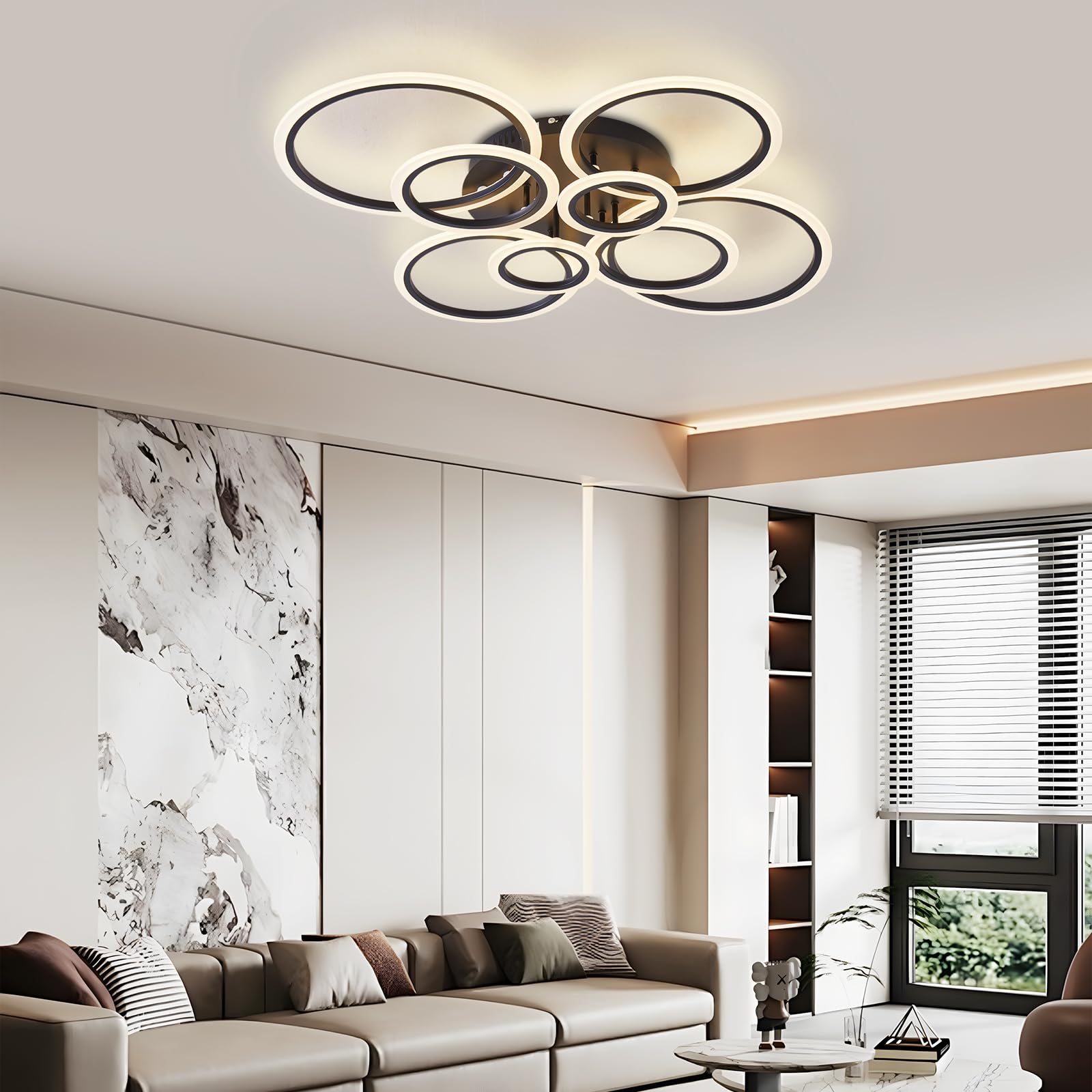 Modern Led Ceiling Light, Semi-Flush Mount With Remote Control, Dimmable Brightness (3000-6000K), 8-Ring Black Design For Living