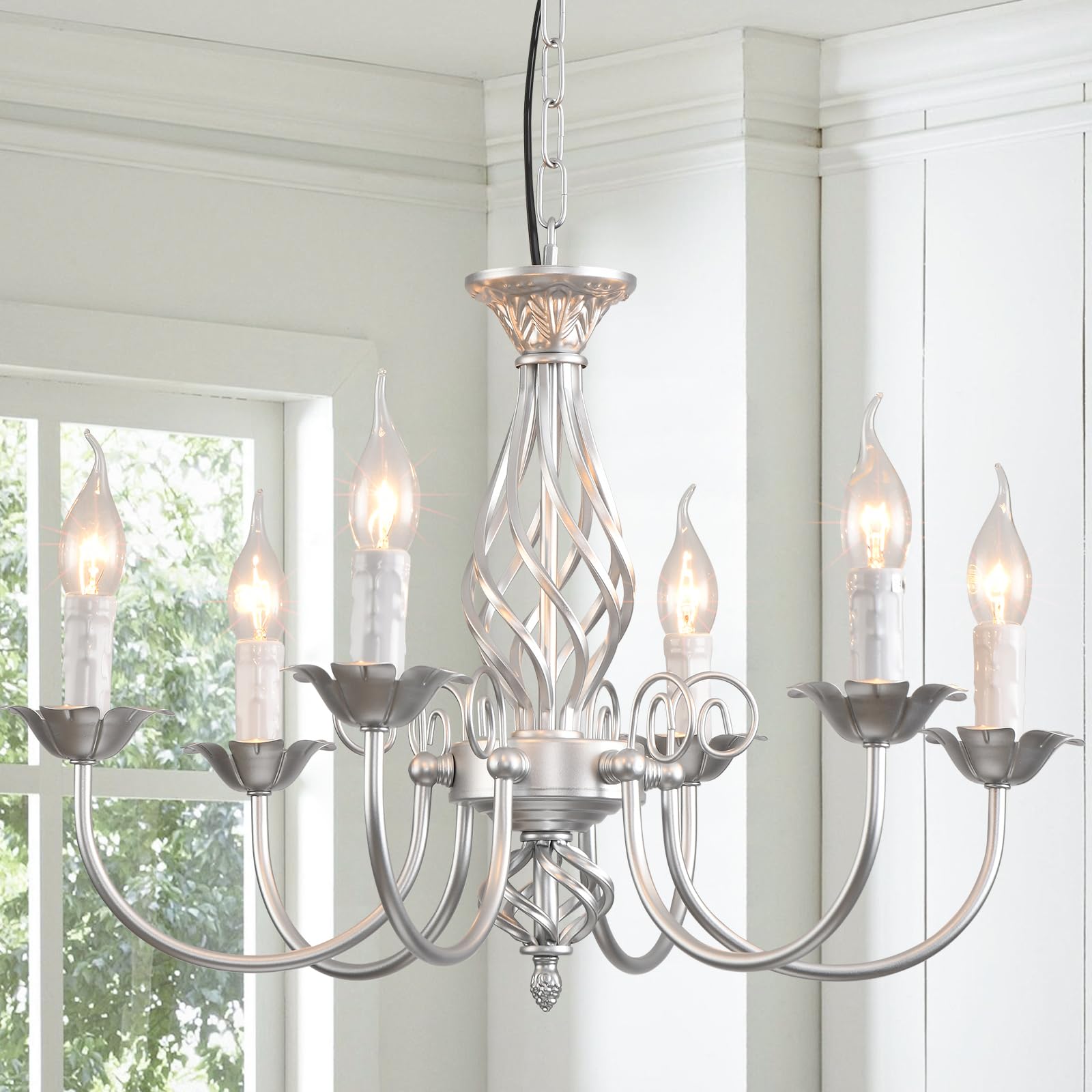 Jaycomey Sliver Farmhouse Candle Chandelier, 6-Light Rustic Industrial Pendant Ceiling Light Fixture, Ceiling Hanging Lamp For H