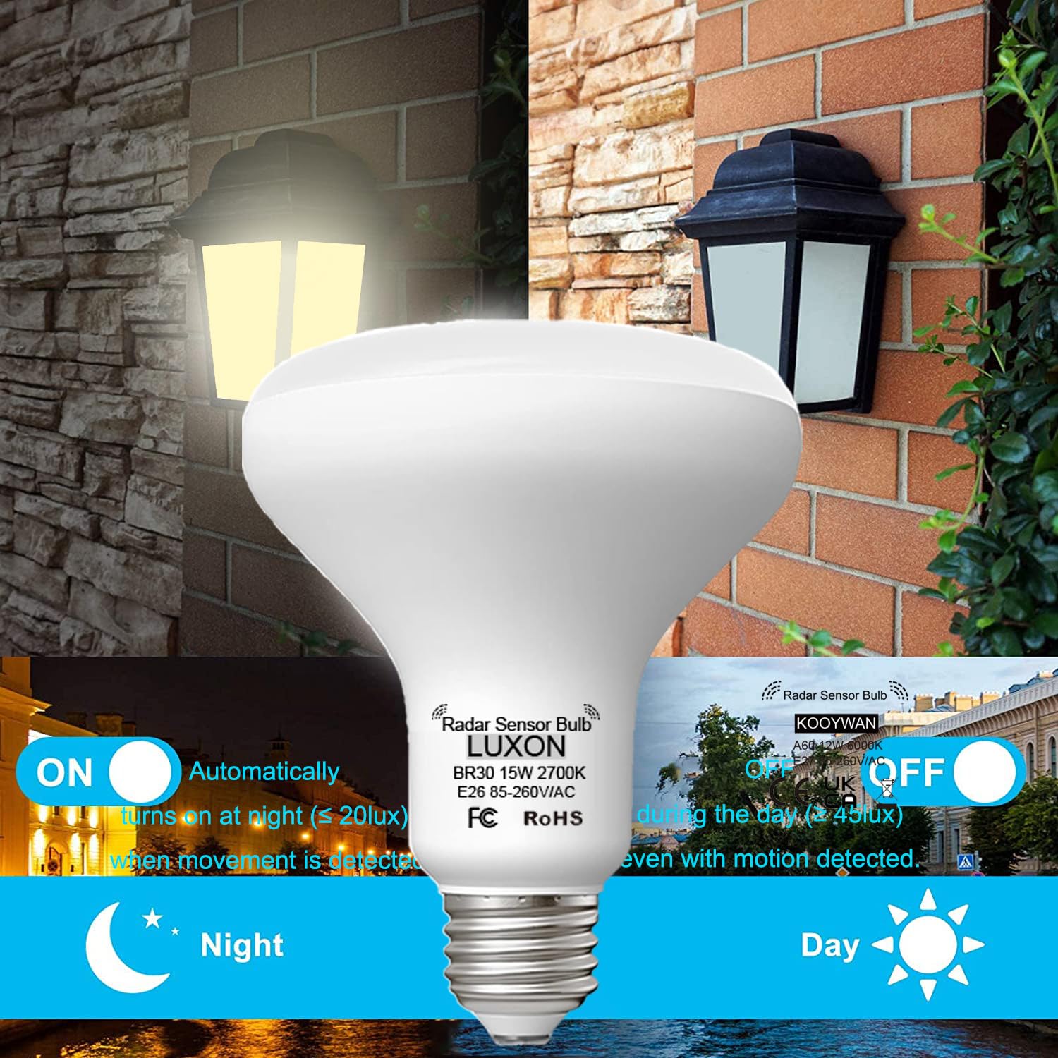 Luxon 15W Br25 Radar Motion Sensor Light Bulbs,Dusk To Dawn Led Light Bulb Outdoor (100W Equ.),Indoor Outdoor Auto On/Off E26 Ba