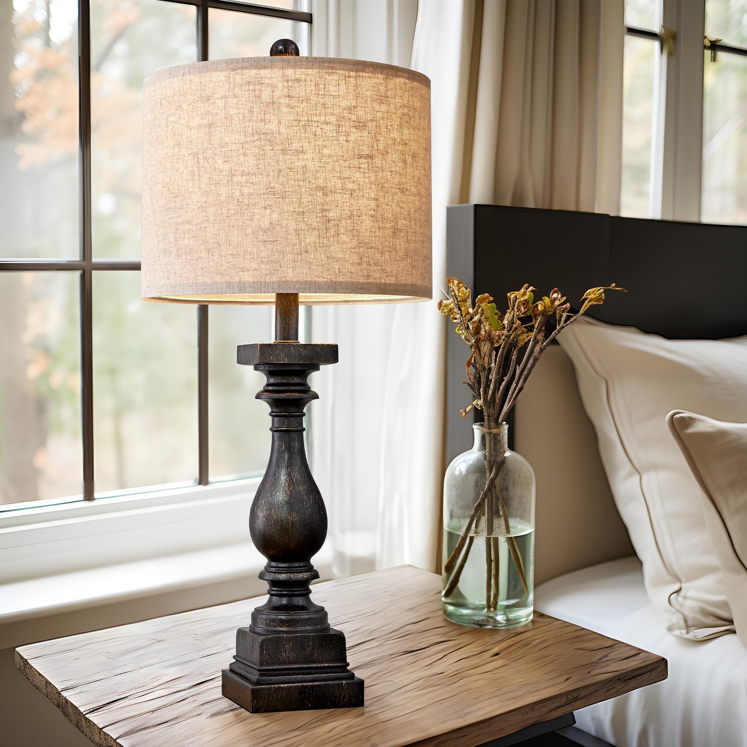 BOBOMOMO Retro Side Table Lamp 27in USB Charging A/C Resin Black 1 Pack Model AMZ-T279BLG-U-1
