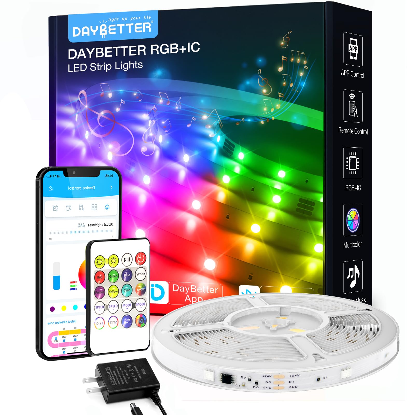 DAYBETTER RGB LED Strip Lights, 16.4FT, Bluetooth APP & Remote Control, Multicolor, Model TC80115020H-V2