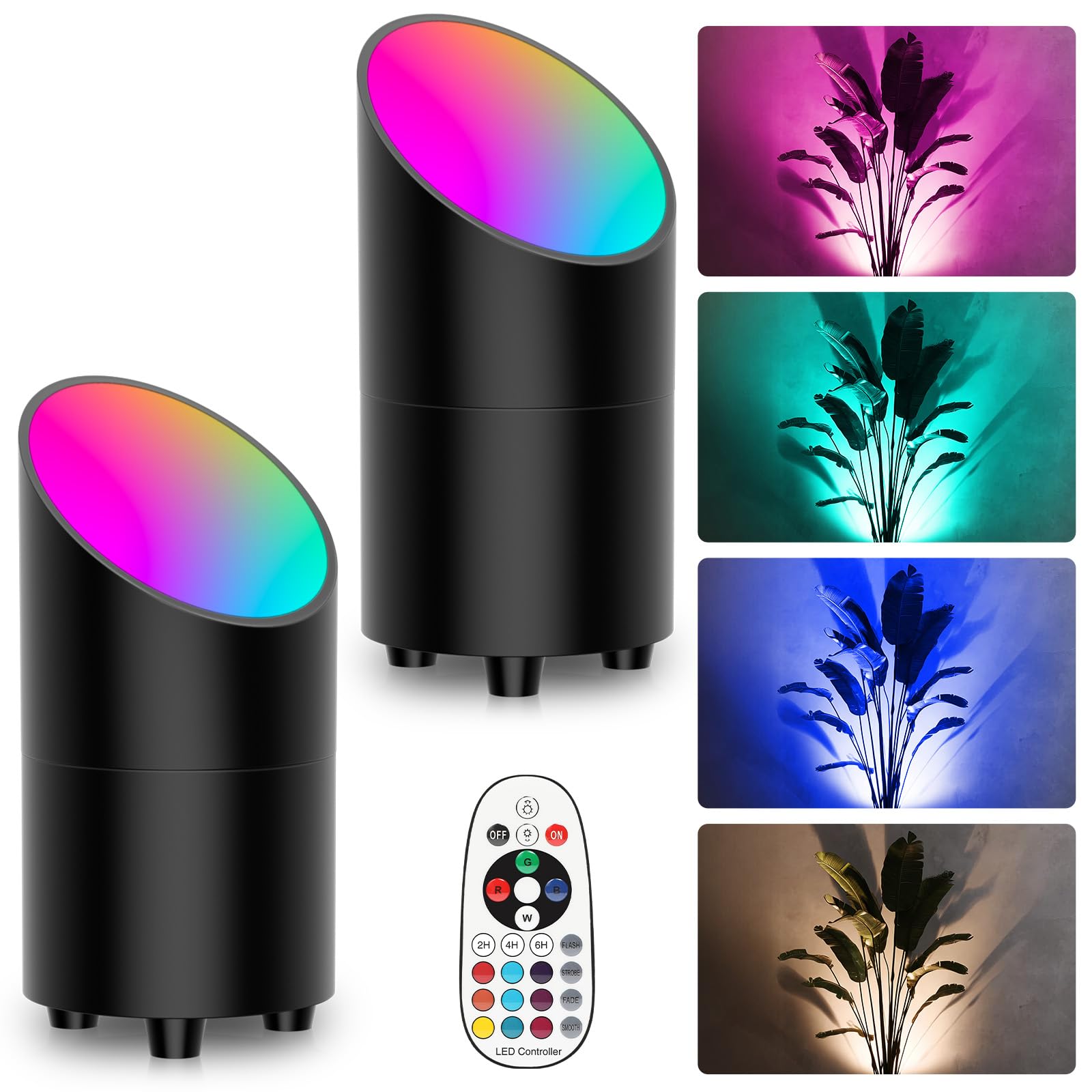 Onforu 7W RGBW Floor Can Light, Remote Control, Color Changing, Aluminum, Black, Model FW05RGBW, 2 Pack