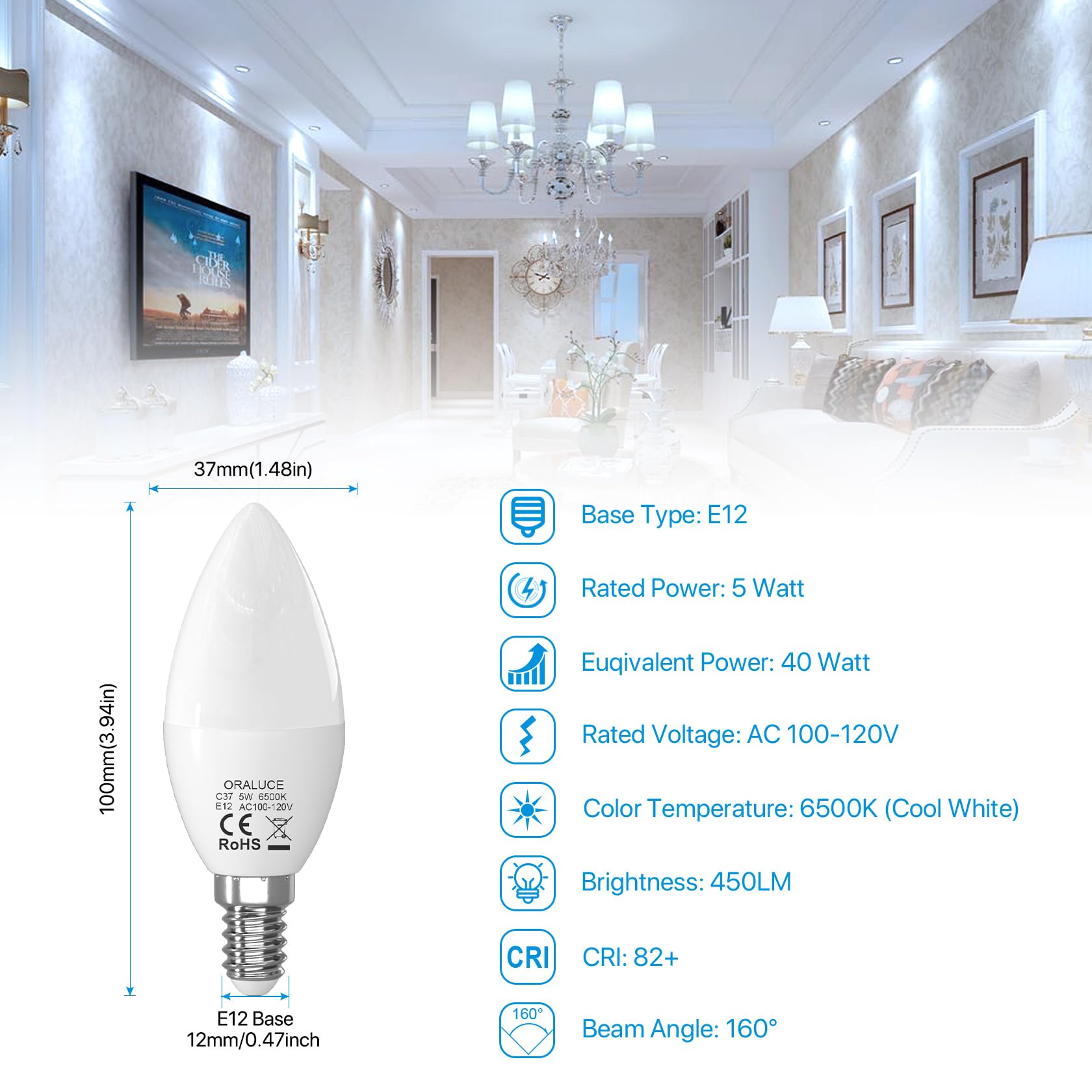 ORALUCE E12 LED Candelabra Light Bulbs, 5W 450LM, 40W Equivalent, 6500K Cool White, 6 Pack, Non-Dimmable,