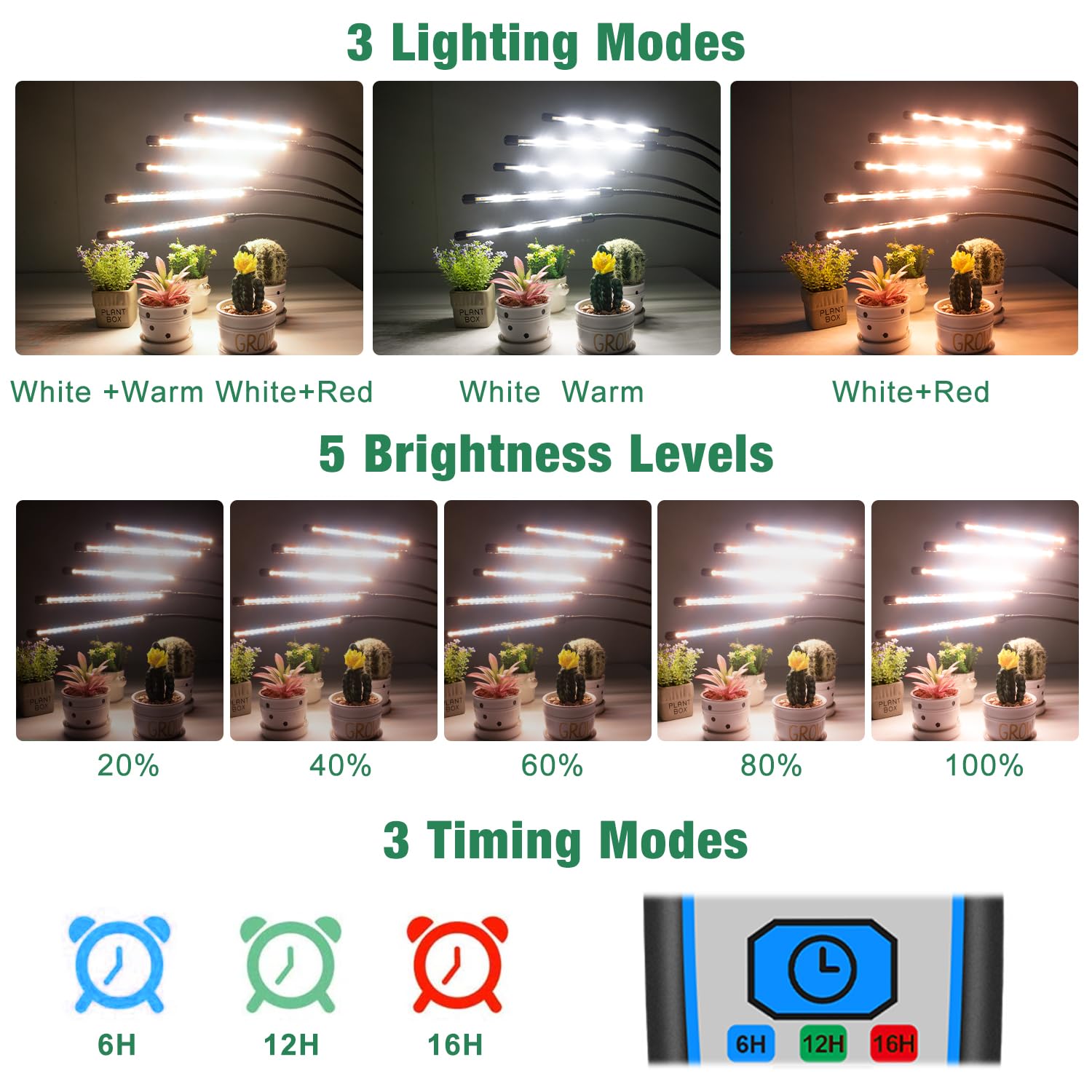 Garpsen Grow Lights For Indoor Plants, 5 Heads Full Spectrum Grow Light With Adjustable Tripod Stand & Sturdy Clip, 100Pcs Leds Plant Light For Indoor Plants With 6/12/16H Timer And 3 Light Modes