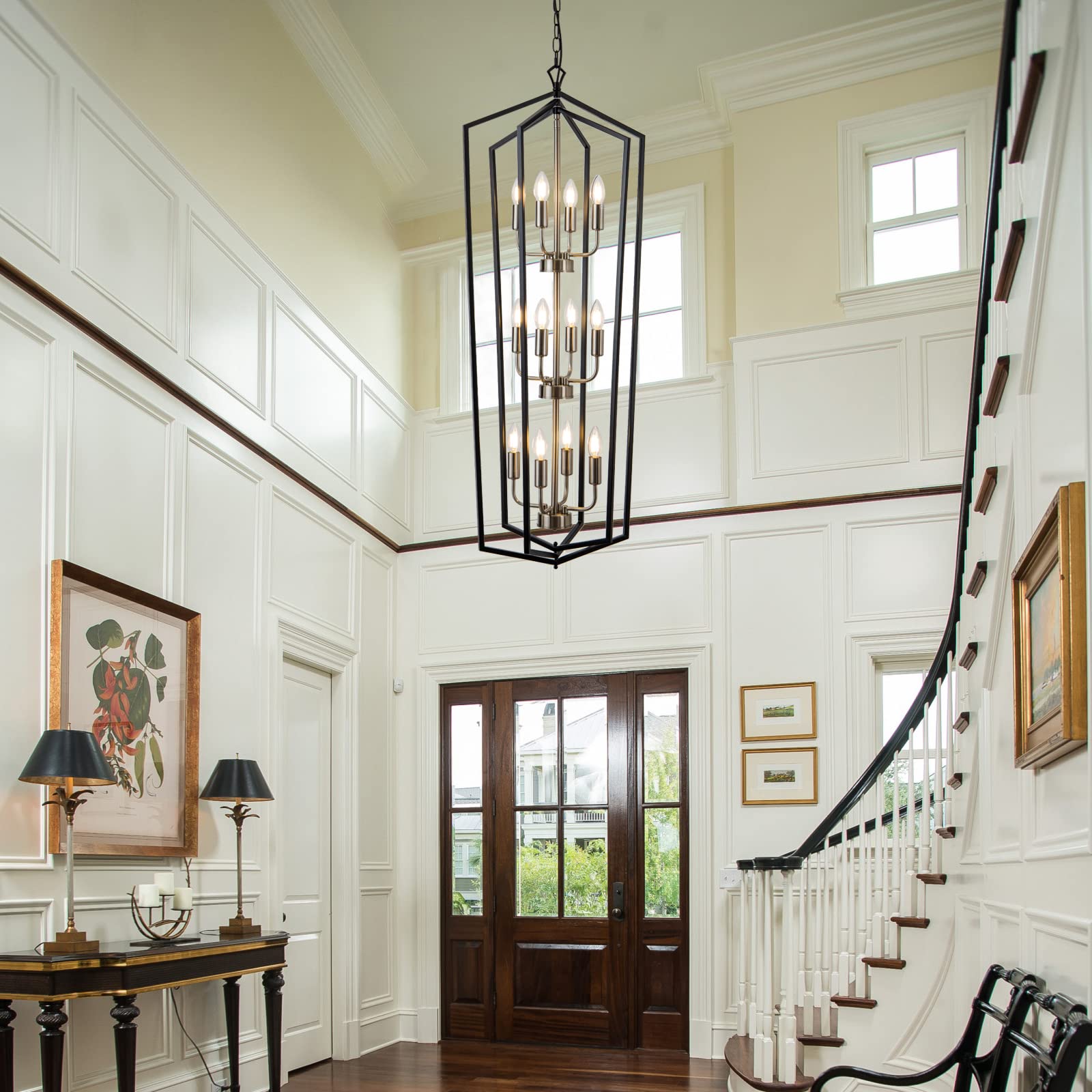 Lanhall 12-Light Industrial Pendant Chandelier, Metal, Brushed Nickel & Black, Model 500-100-1052, High Ceiling Foyer Entryway Lighting