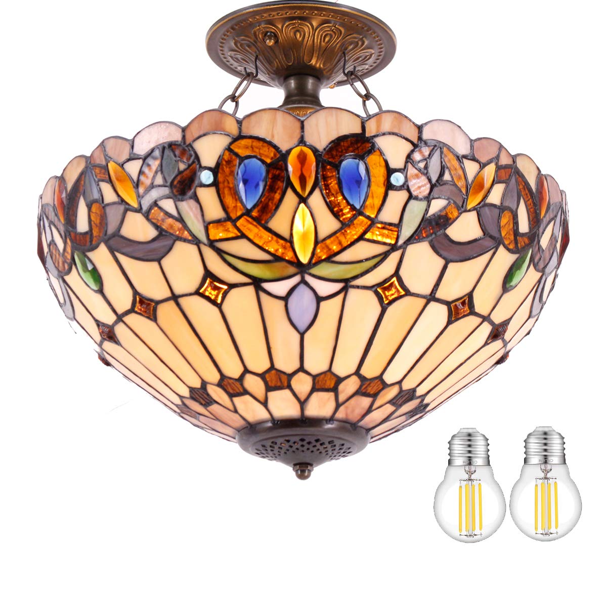 WERFACTORY Tiffany Ceiling Light Fixture Serenity Victorian Stained Glass Semi Flush Mount Lamp Wide 16 Inch Height 15 Inch Tiff
