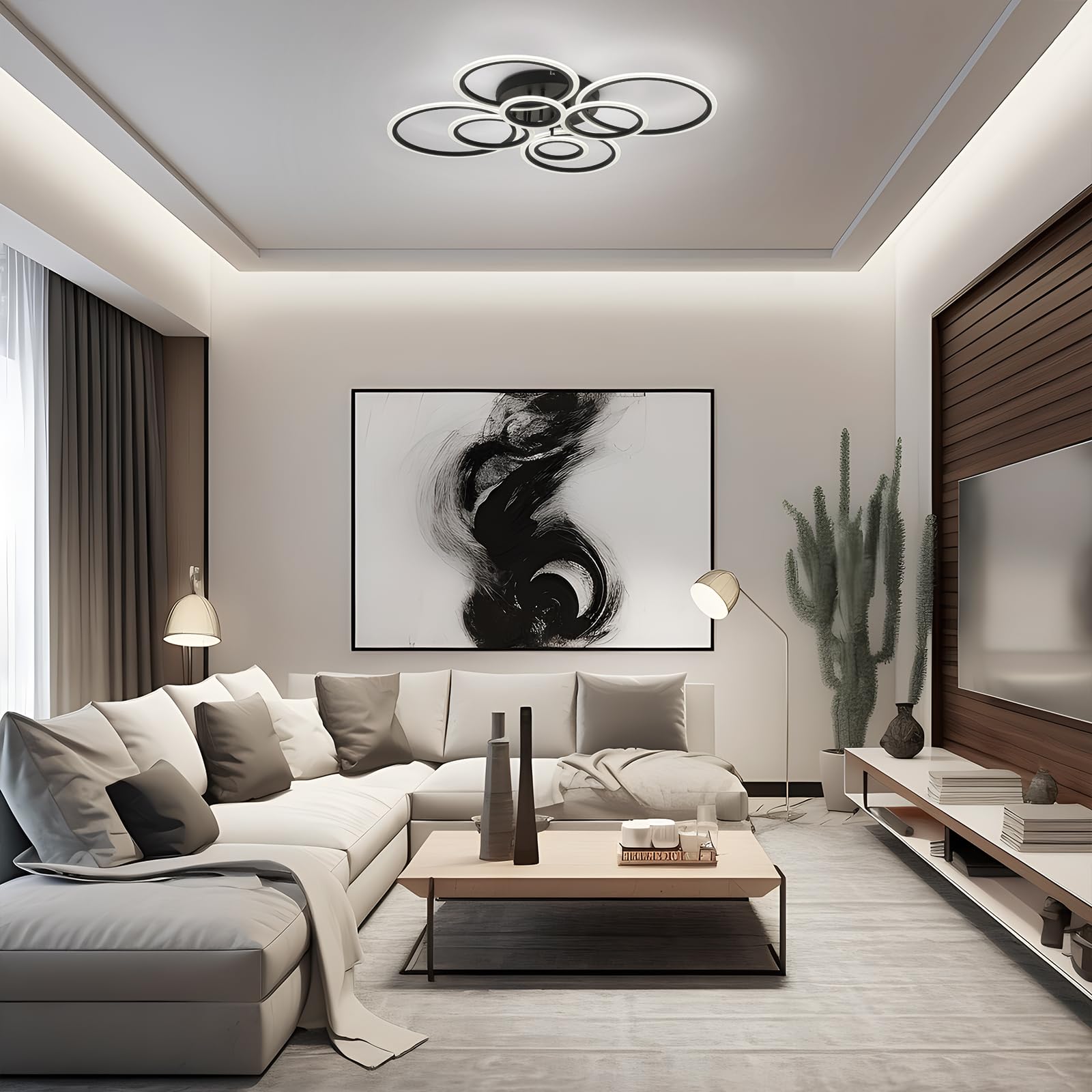 Teminbu Modern Led Ceiling Light, Black 8 Rings Flush Mount Ceiling Light, 4000K Lighting Fixture Ceiling Lamp For Kitchen, Bedr