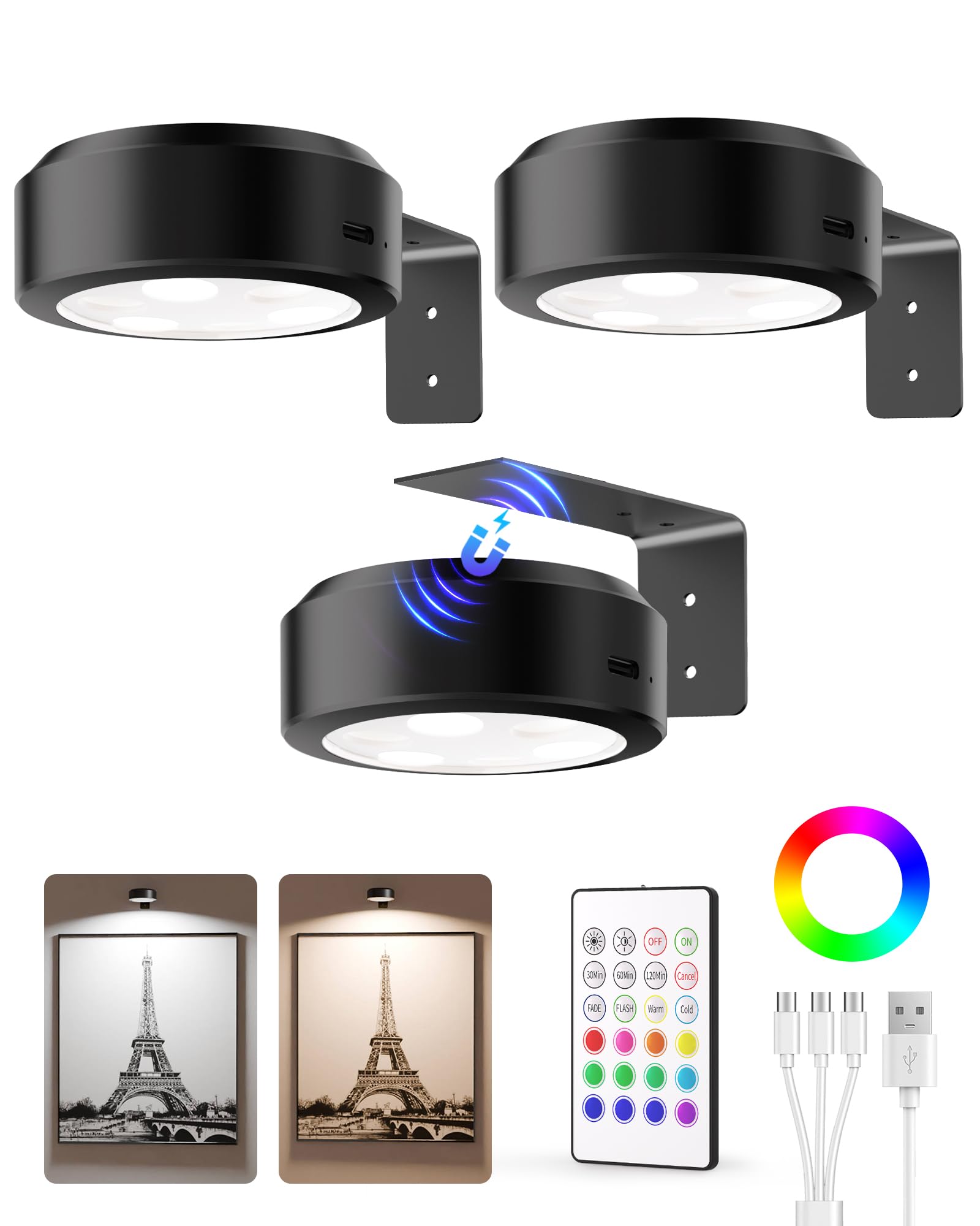 EZVALO Picture Lights for Wall,2000mAh Rechargeable Battery Magnetic Poster Lights with 2 Color Temps&12 RGB,Remote Dimmable Tim