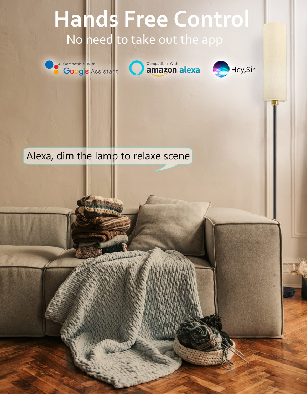 Smart Floor Lamp Works With Alexa & Google Home, Color Changing Stepless Dimmable For Living Room, Modern Standing Wifi Lamps Wi