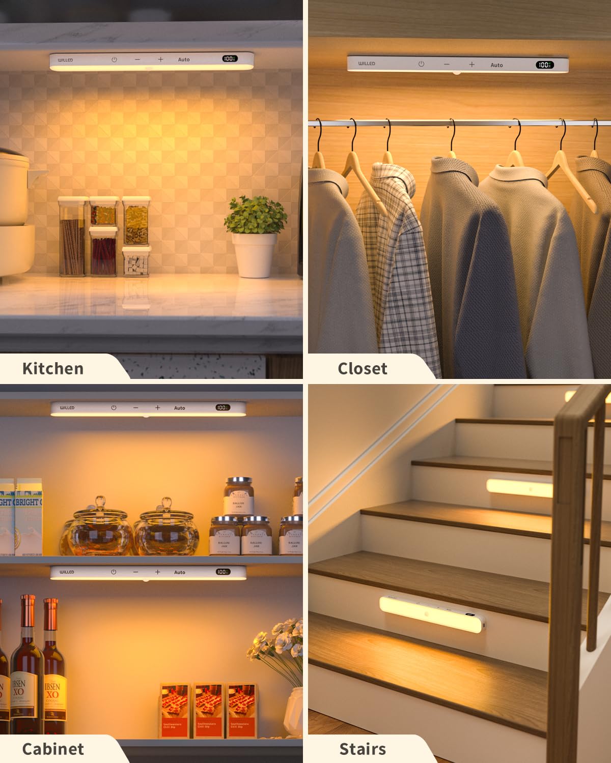 WILLED Motion Sensor Closet Lights, 60 LED Touch Light Bar, Rechargeable, Warm White 3000K, 2 Pack, Model WJP-006