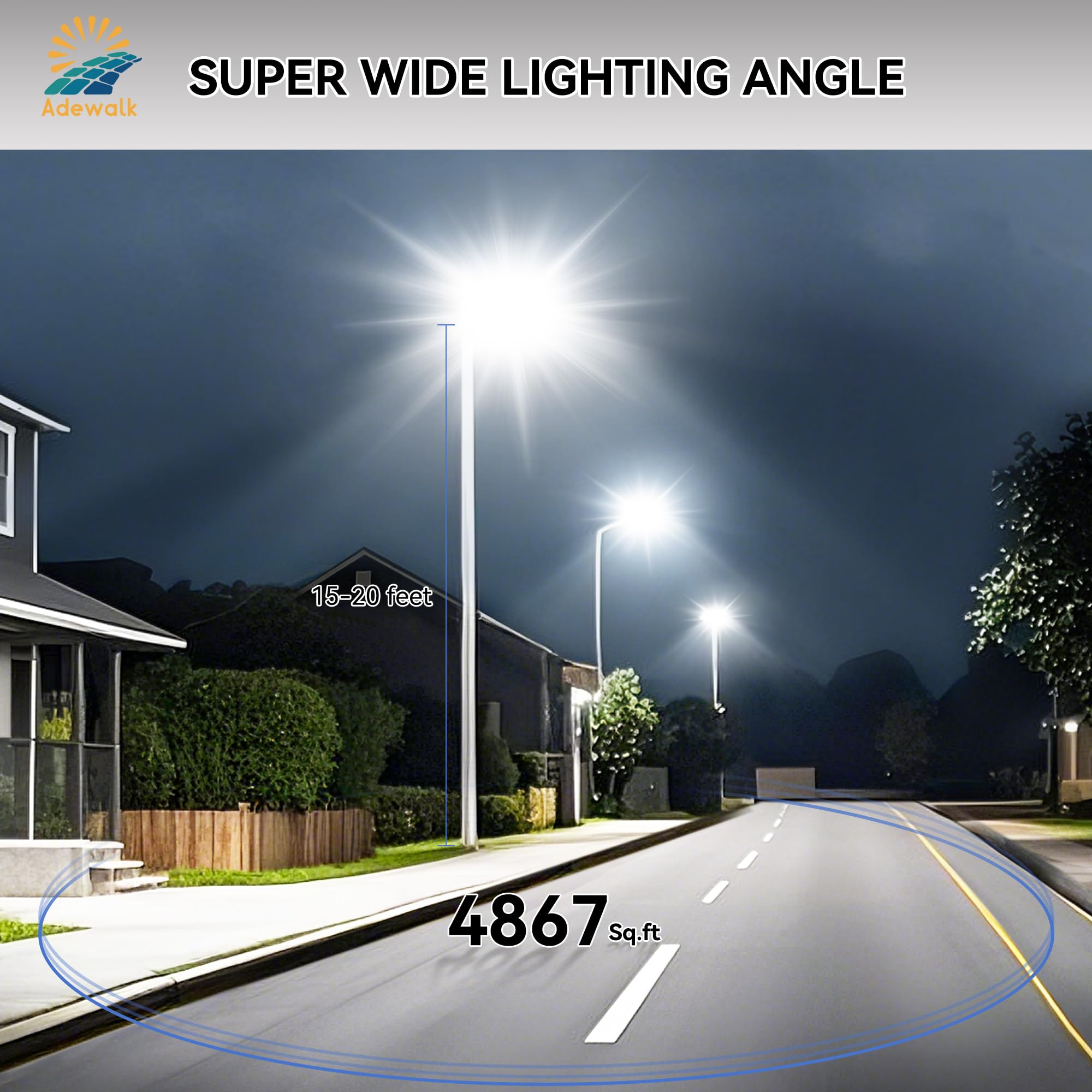 Adewalk 6000W Solar Street Light - 7000K Dusk to Dawn, Motion Sensor, Cool White, 2 Pack, LED Security Flood Light for Outdoor Use