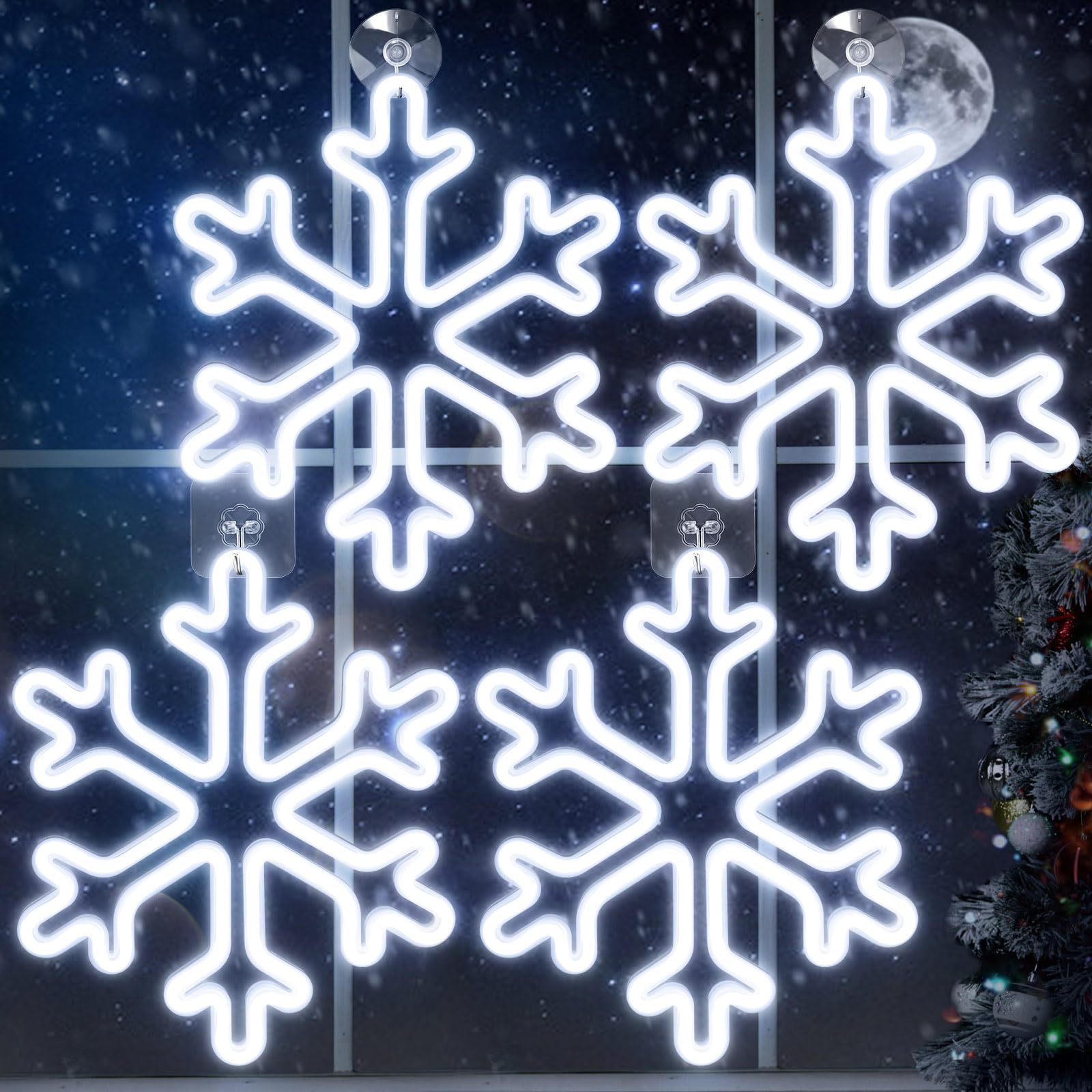 Vihose 4 Pcs Large Christmas Window Snowflake Lights 12 Inches Battery Powered Led Neon Hanging Lights Snowflake Shaped Sign Decorations For Xmas Tree Holiday Wall Porch Indoor Outdoor Decor