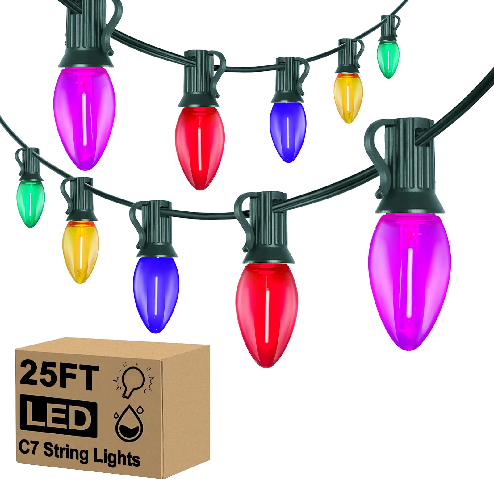 Doratale 25Ft Multicolor C7 Vintage Outdoor String Lights with 27 LED Bulbs(2 Spare), Waterproof for Patio Garden Party Wedding 