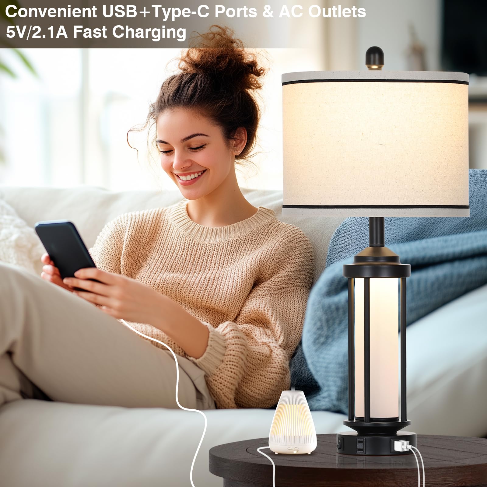 Rinweey Set of 2 Black Farmhouse Table Lamps with USB Ports & AC Outlet, 27" Modern Linen Shade