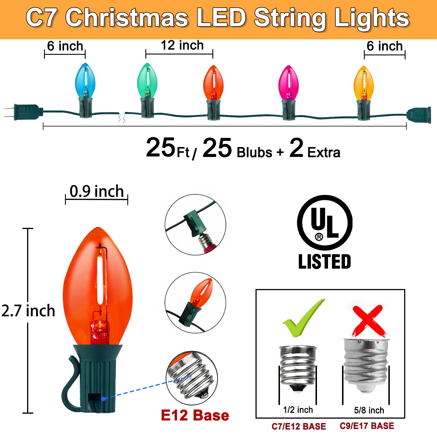 C7 Christmas Led String Lights, 25Ft C7 Vintage Clear Multicolor Lights With 27 Colorful Led Bulbs (2 Spare) For Indoor Home Out