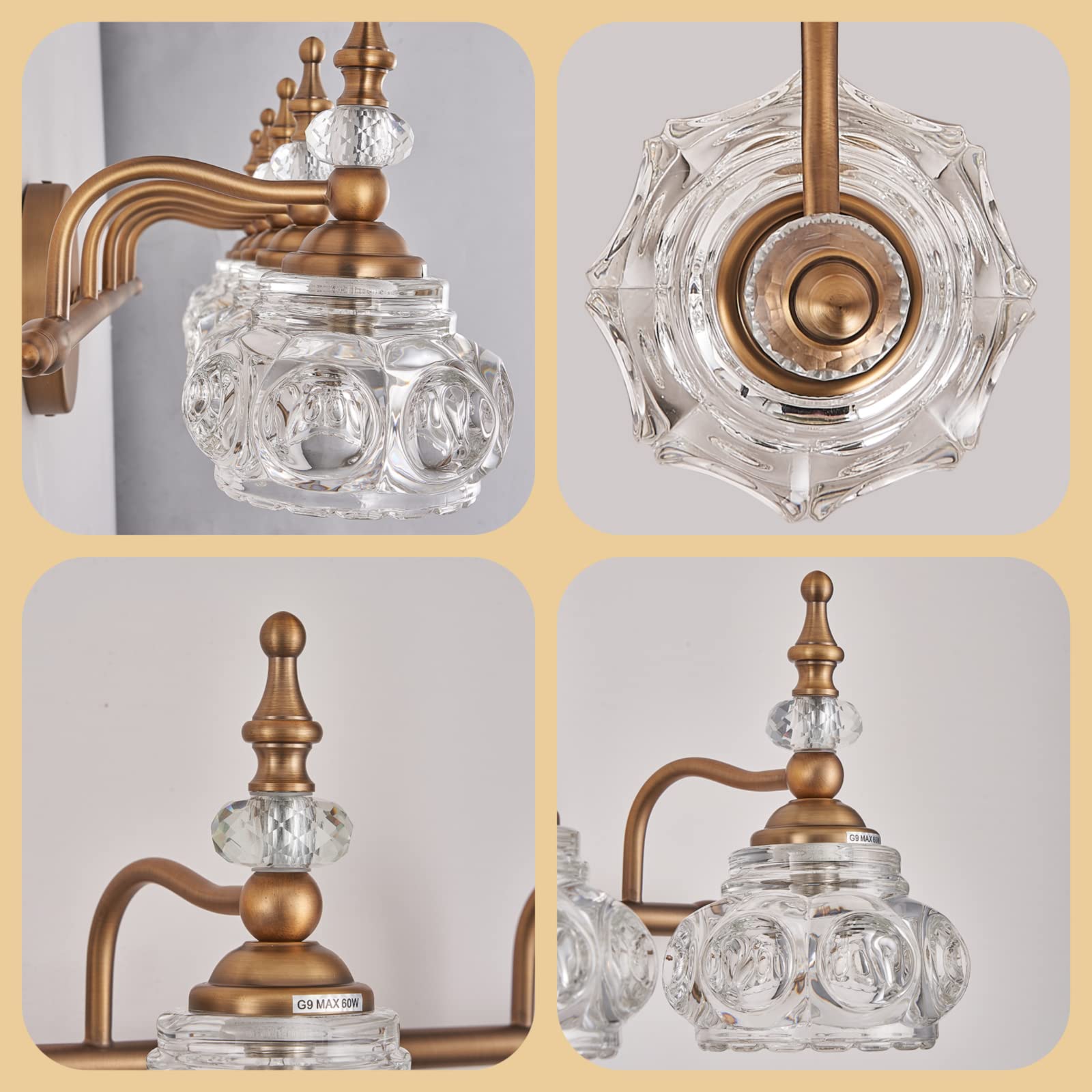 Zilanl Brass 5-Light Vintage Bathroom Vanity Light With Crystal Glass Shade