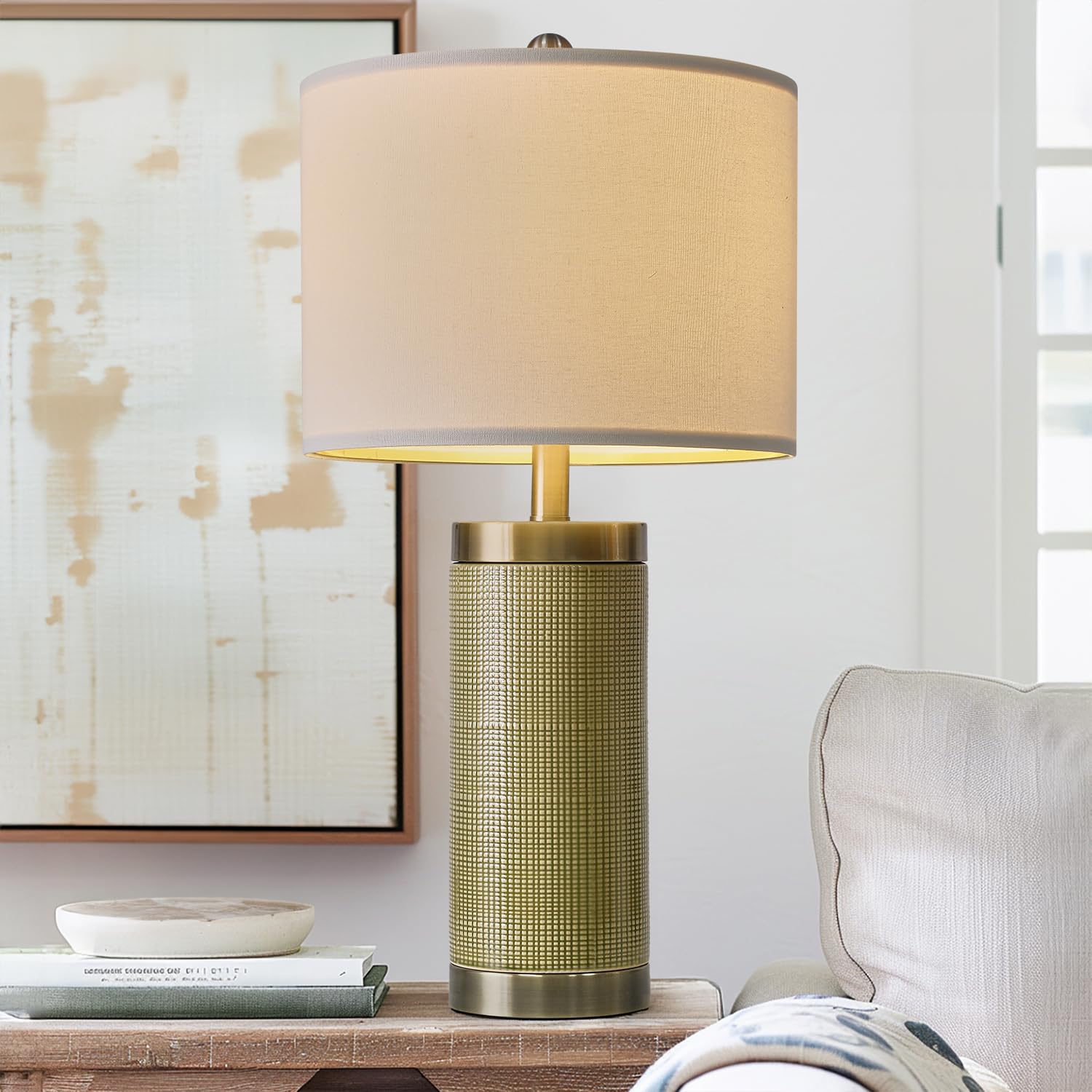 Usumkky 24.5" Modern Ceramic Light-Green Single Bedside Lamp For Bedroom Decor Farmhouse Table Lamp For Living Room Office Dorm
