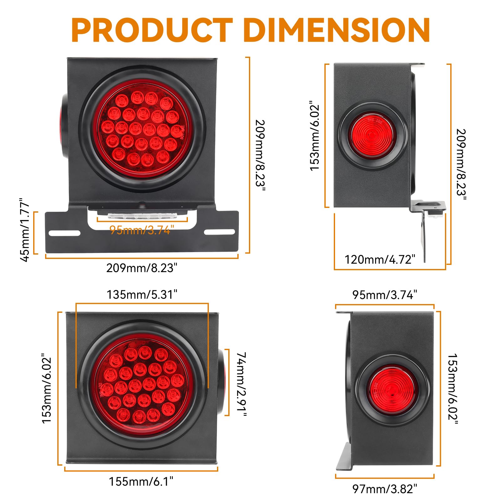 Rvzone 12V Square Led Trailer Light Steel Boxes Housing Kit  2Pcs Ip67 Red Waterproof Stop Brake Turn Lights With 4In Round Tail Lights 2 In Round Side Marker Light 6Led License Plate Lighting