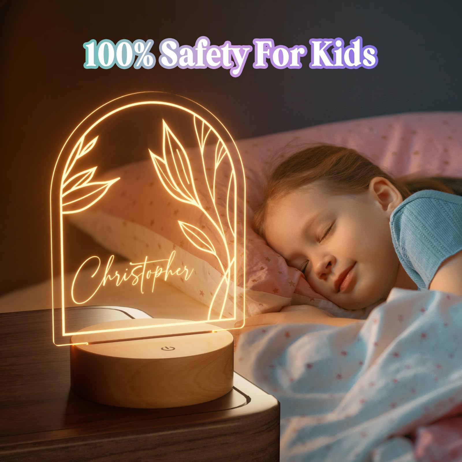Burst Bird Personalized Baby Night Light - Acrylic, Color-Changing, Leaf, Model PNL-Leaf(Boho) for Kids Nursery Decor