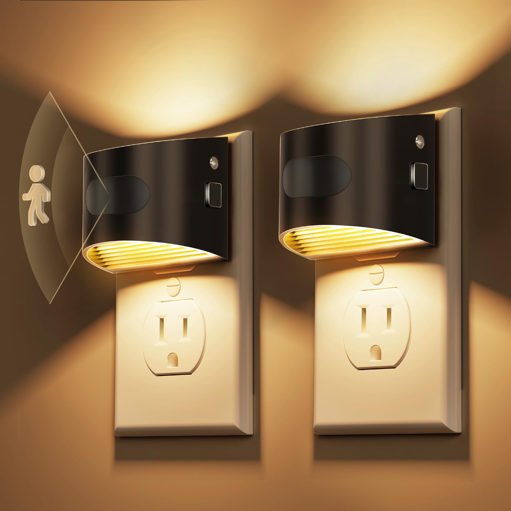 L LOHAS LED Night Light with Motion & Dusk Sensor, 2 Pack, 3000K Soft White, Adjustable Brightness, Black-3000K, Model GY17702US-
