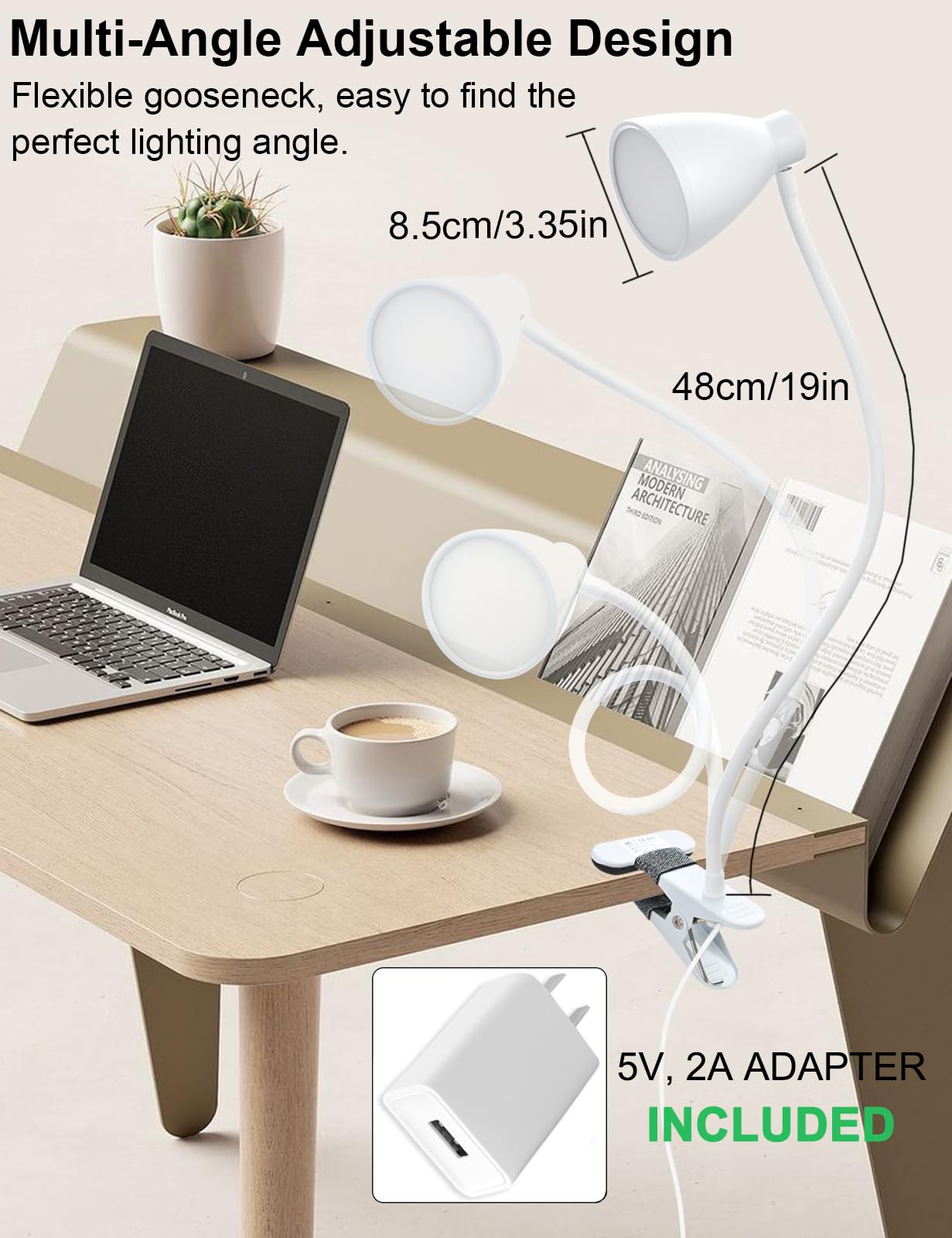 BOHON Clamp Lamp Reading Light, 10W, 38 LED, 3 Color Modes, 10 Brightness Levels, Flexible Gooseneck, White, Model WDL10W