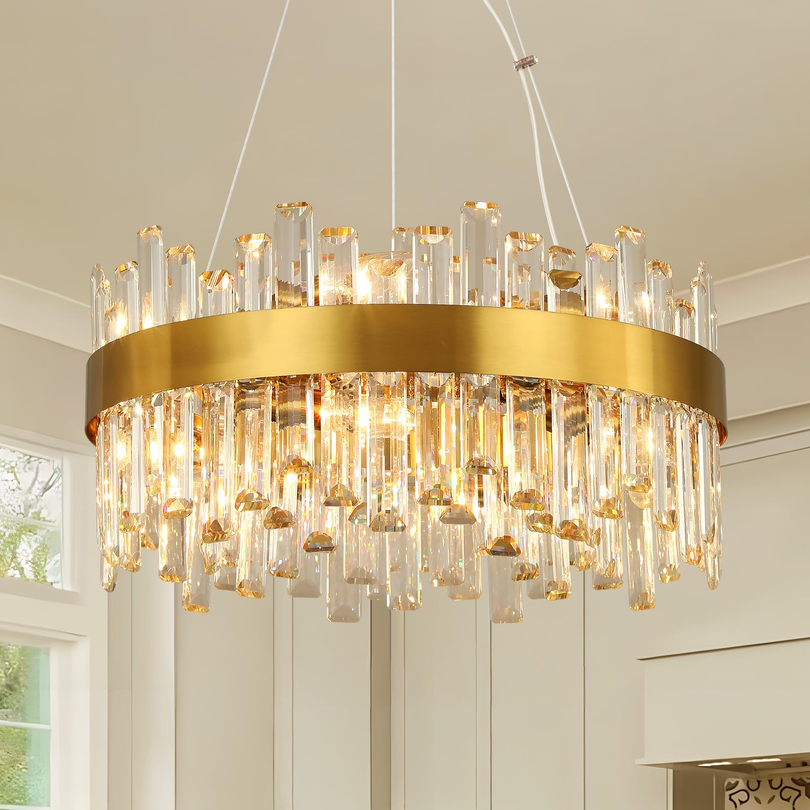 Crystal Chandeliers for Dining Room Lights Fixtures  12 Lights Elegant Gold Modern Chandeliers for Bedroom  2-Tier Round Crystal Lighting Fixtures for Living Room Entryway Kitchen Island D20 Inch