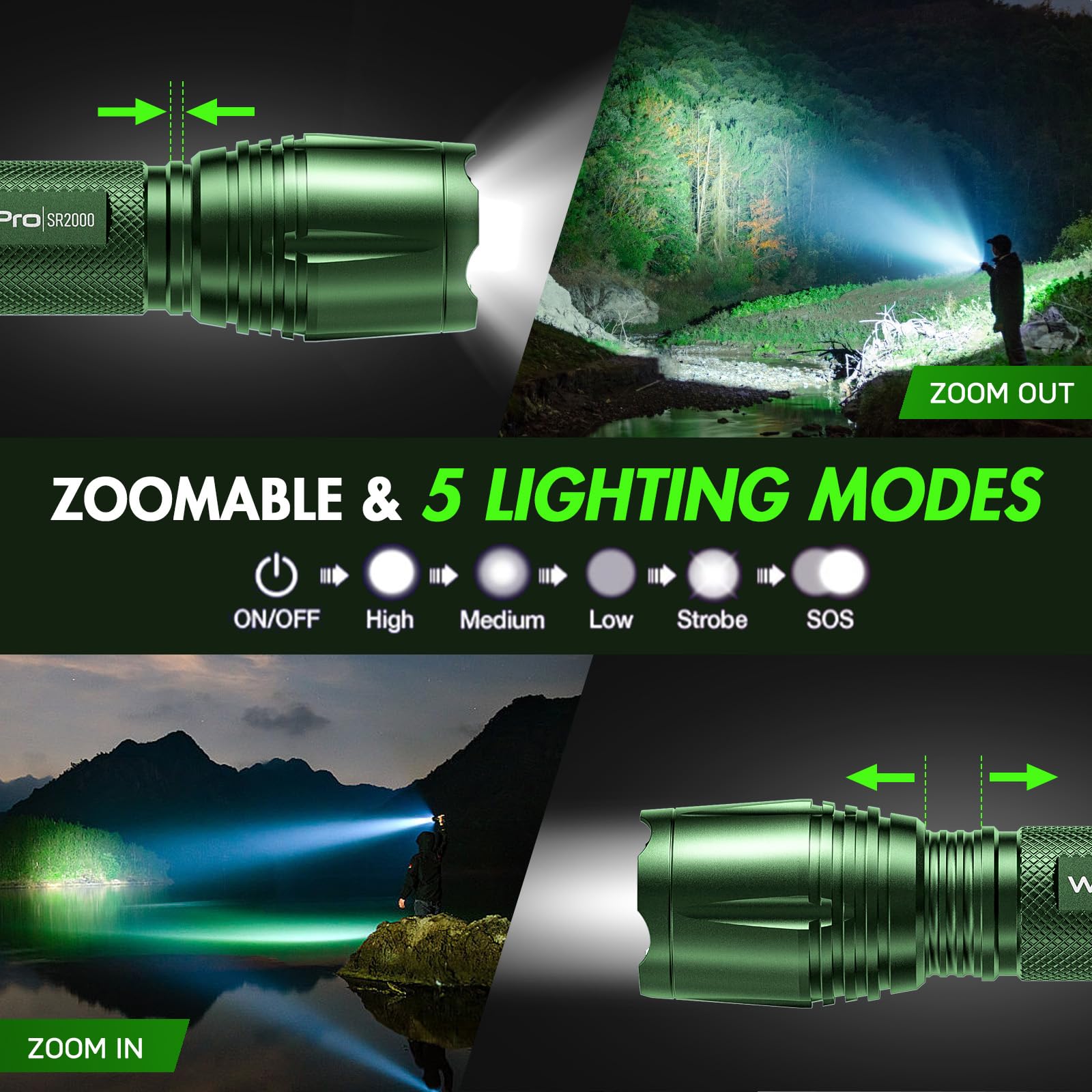 Wdtpro Led Flashlight High Lumens Sr2000 Pro, 2 Pack Brighter Tactical Flashlights With 5 Modes & Zoomable, Powerful Mini Flash
