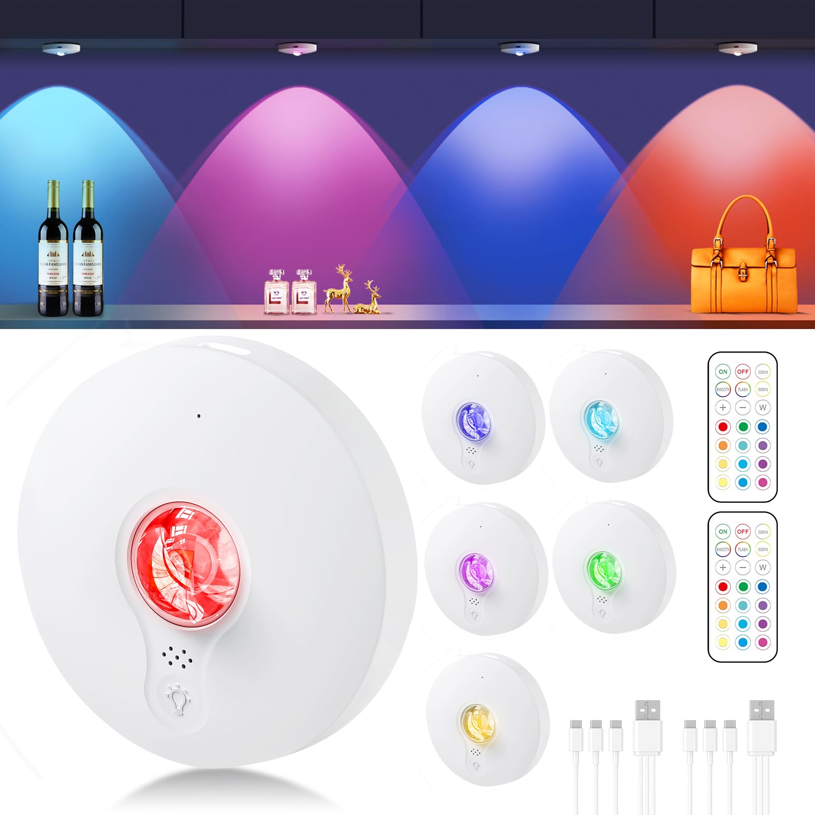 UNUSROOM LED Puck Lights, 2000mAh Battery Operated, Touch & Remote Control, Dimmable, Black, Model T065, Wireless Closet Light