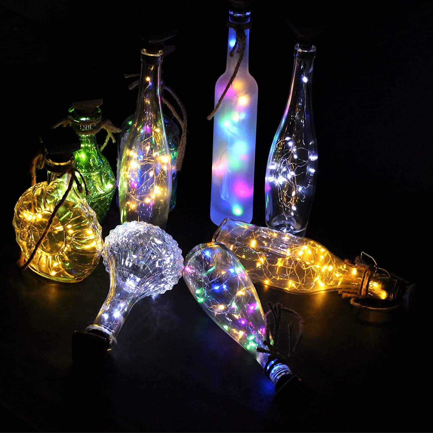 YJFWAL Solar Wine Bottle Lights - 12 Pack LED Copper String Lights, 3 Colors, Perfect for Outdoor Weddings & Holiday Decor