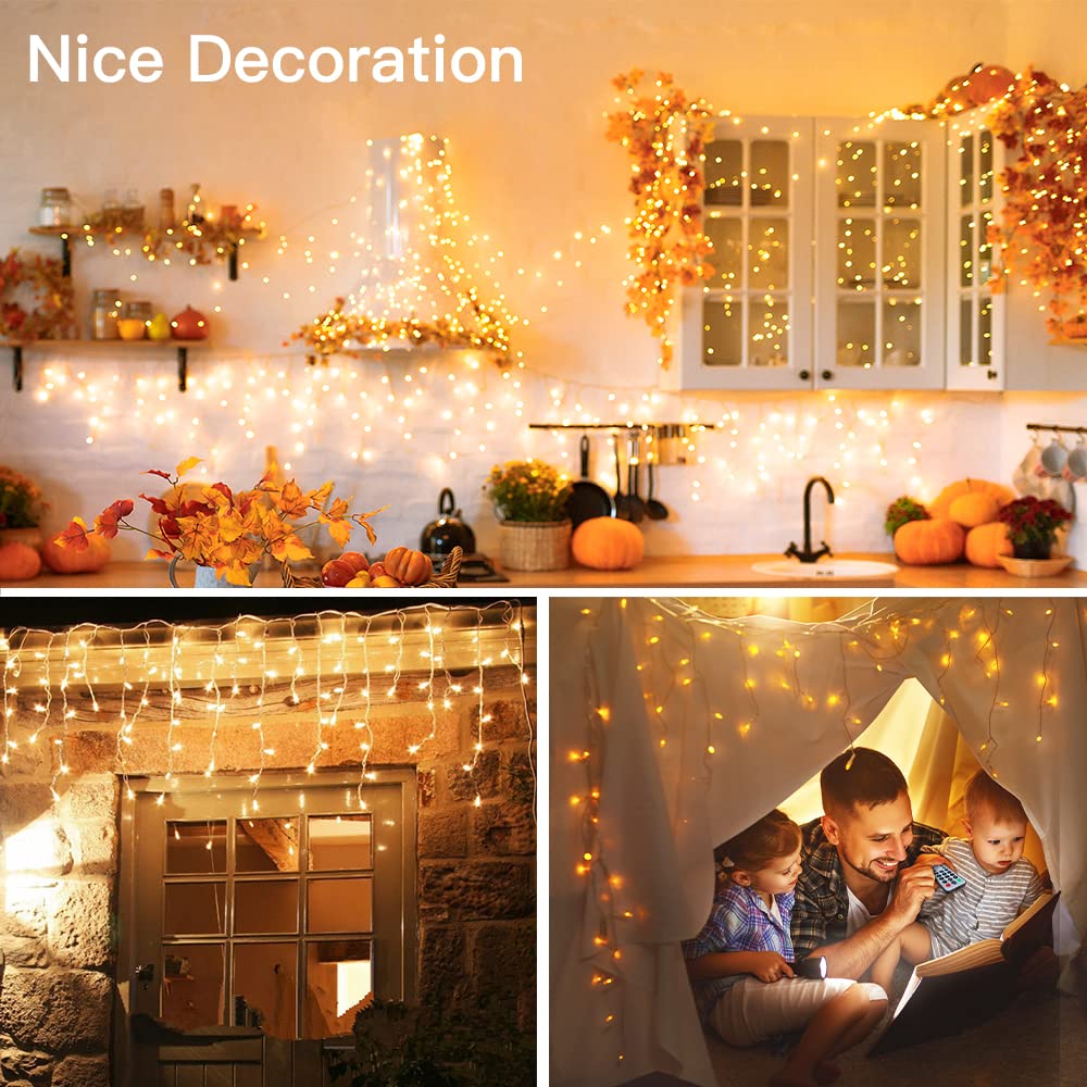 Ollny 720 Led Icicle Lights - Warm White Christmas Lights With Remote, 8 Modes, Waterproof, 60Ft For Indoor/Outdoor Decorations