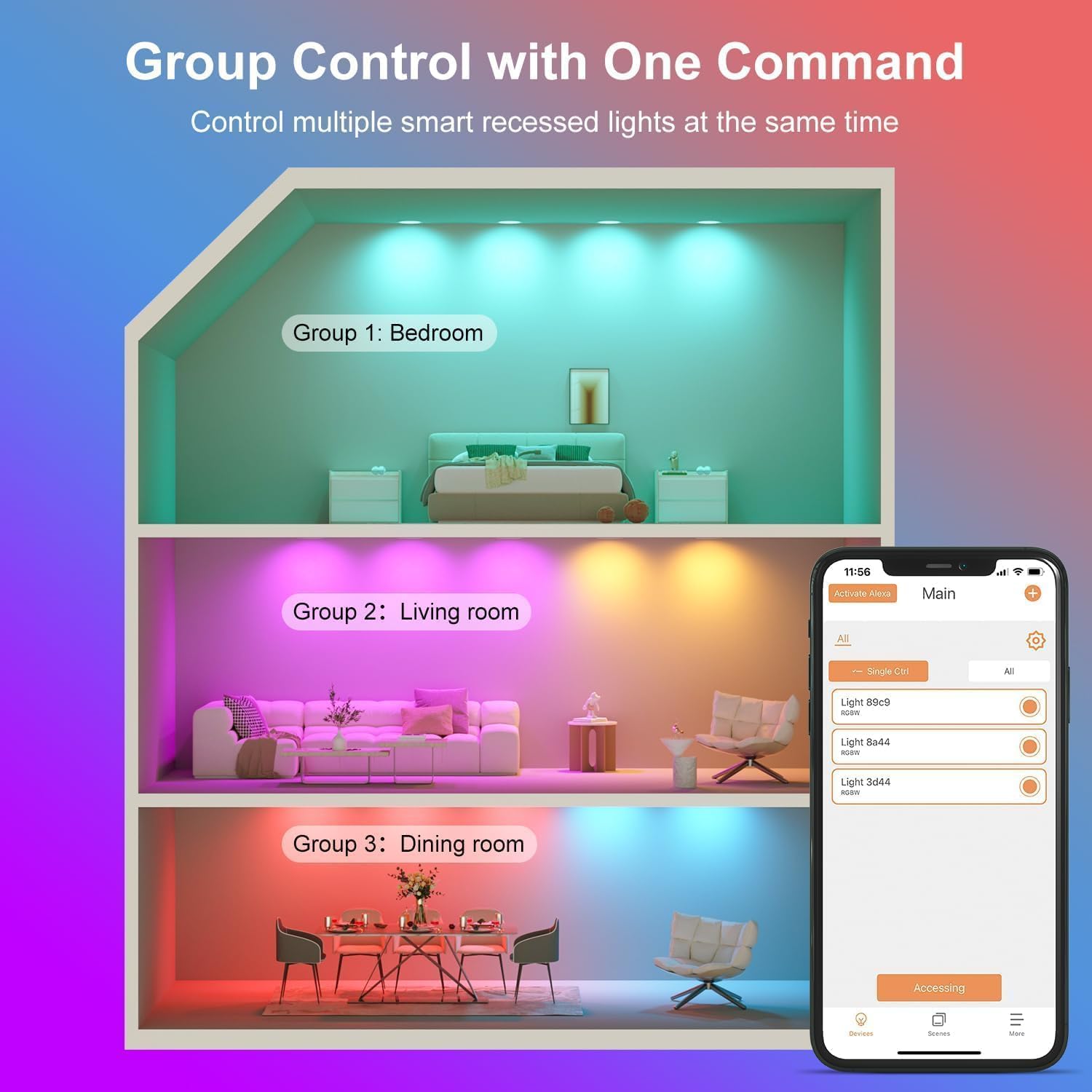 Siksog Black Smart Recessed Lighting 4 Inch Rgbcw Color Changing 12W Led Downlight With Junction Box 1000 Lumen Recessed Ceiling Light Compatible With Alexa Dimmable By Bluetooth Control -1Pack